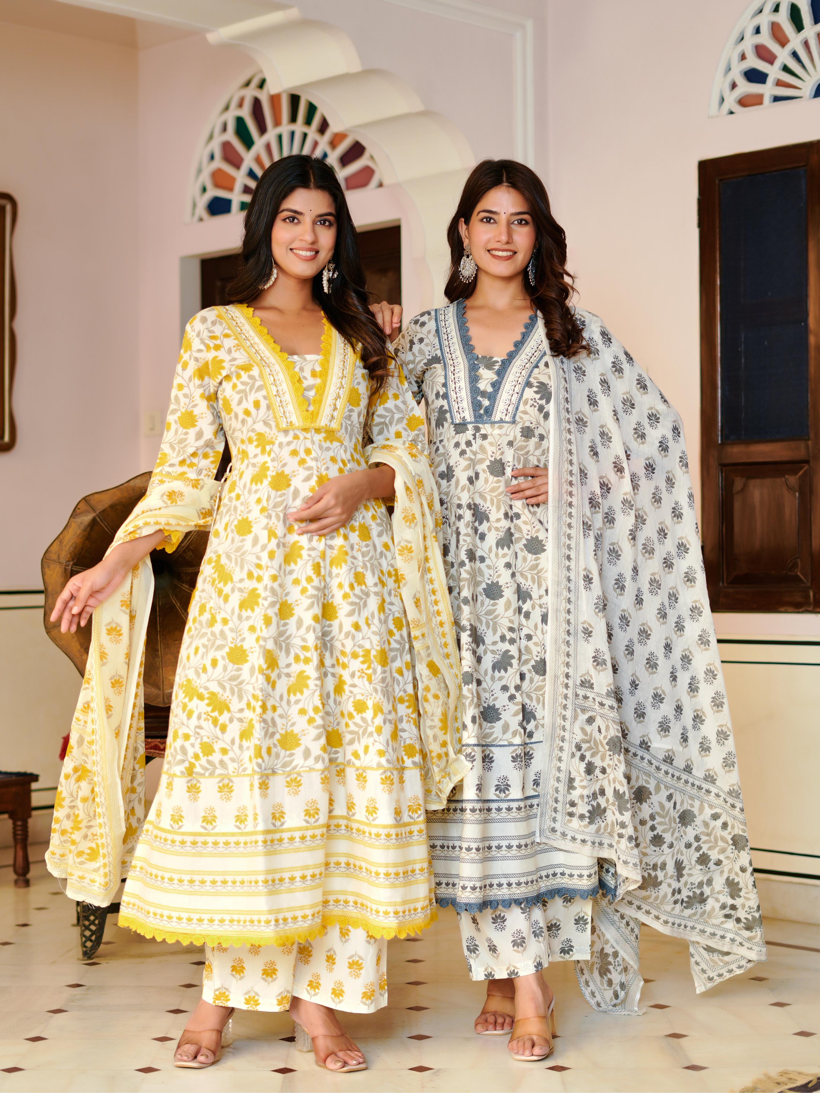 Ziyaana Yellow:- Women's Cotton Anarkali Kurta Set with Dupatta | Heavy Embroidered Neck & Sleeves