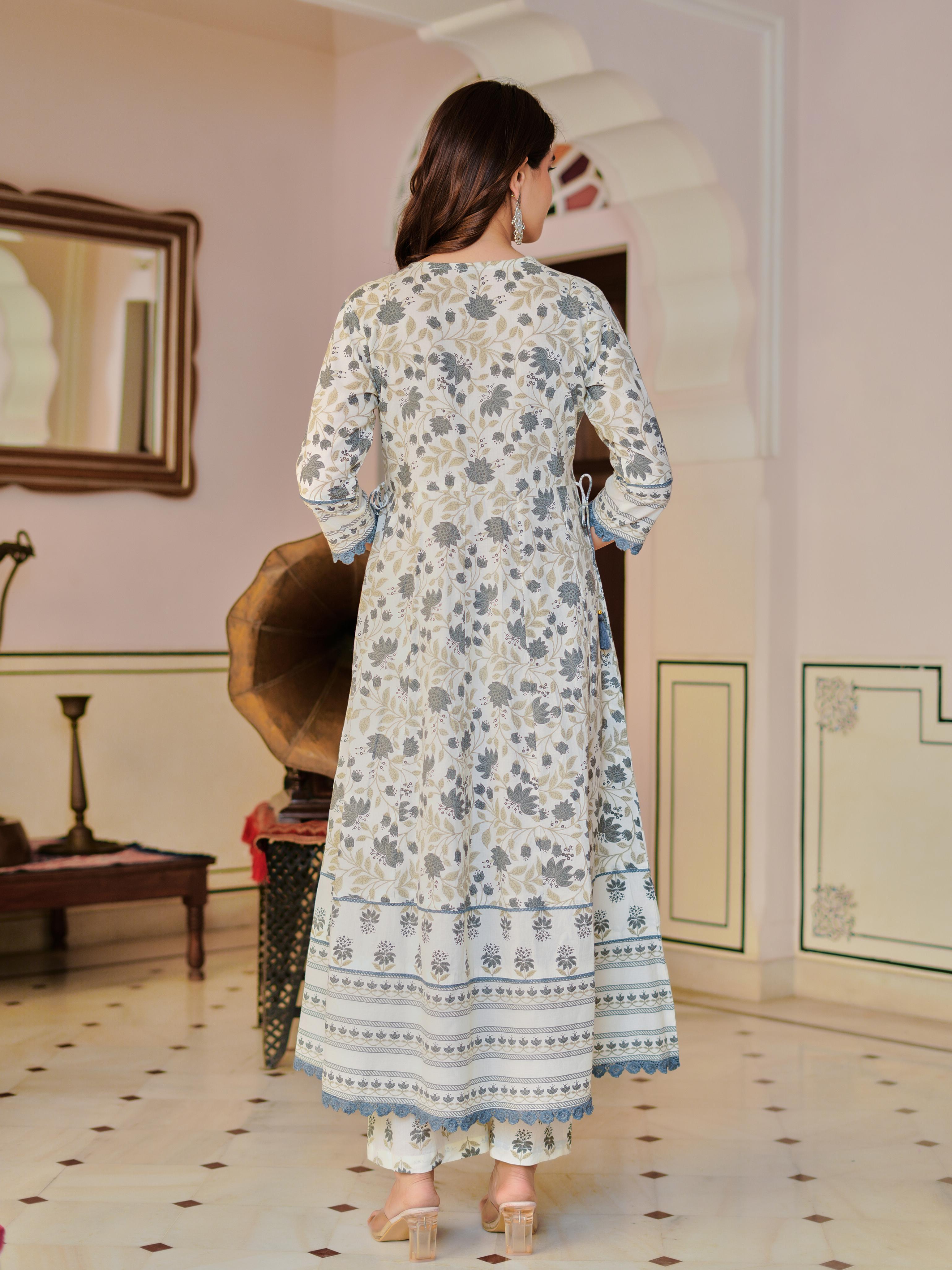 Ziyaana:- Women's Cotton Anarkali Kurta Set with Dupatta | Heavy Embroidered Neck & Sleeves