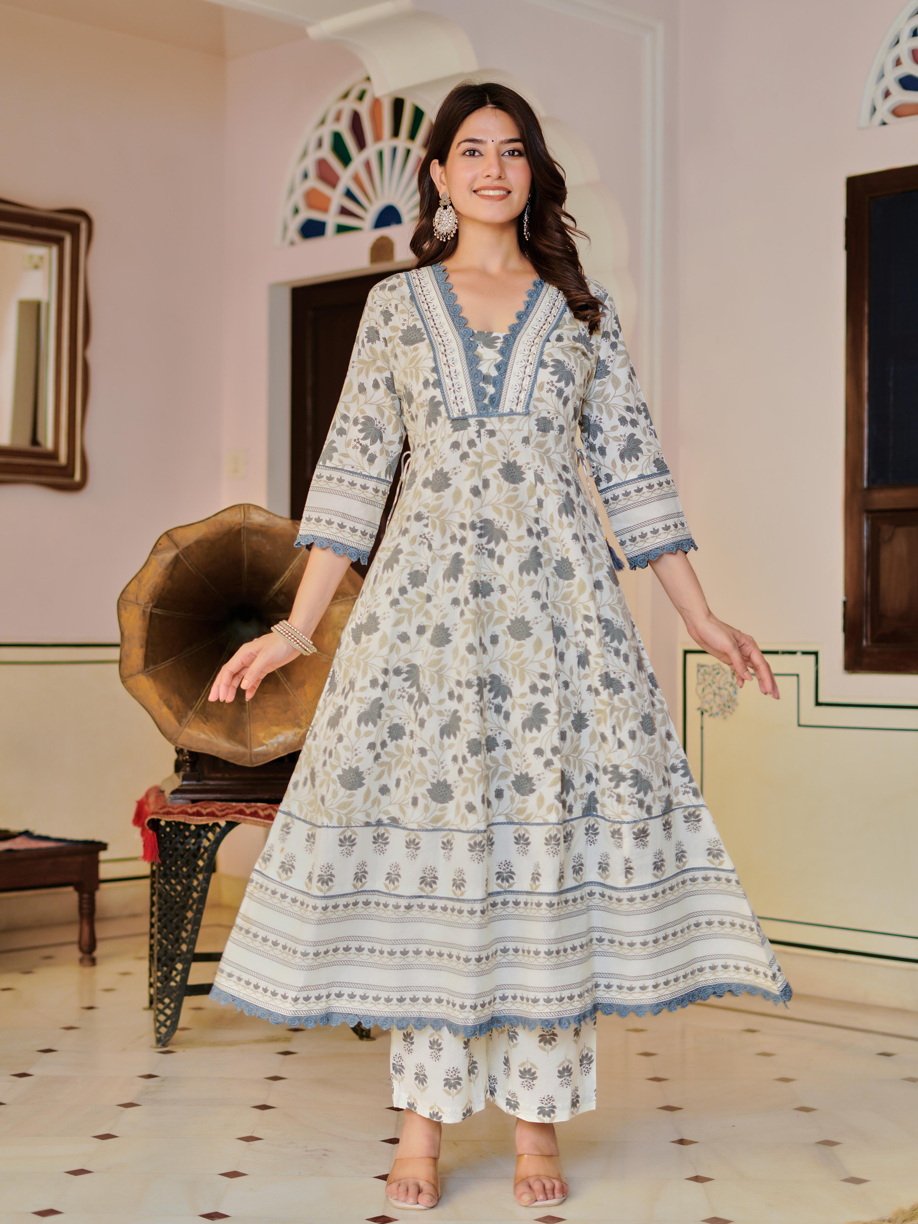 Ziyaana:- Women's Cotton Anarkali Kurta Set with Dupatta | Heavy Embroidered Neck & Sleeves