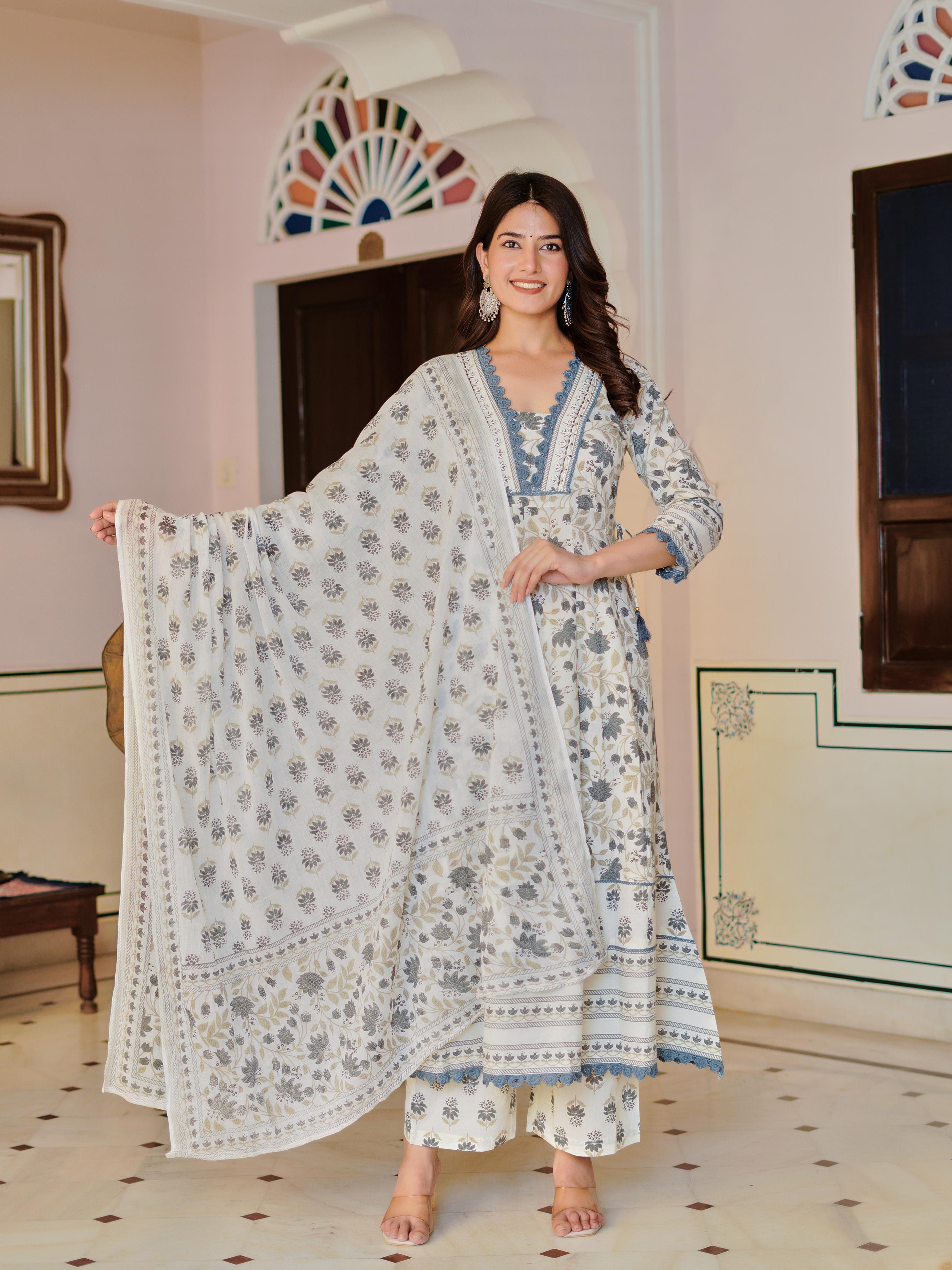 Ziyaana:- Women's Cotton Anarkali Kurta Set with Dupatta | Heavy Embroidered Neck & Sleeves