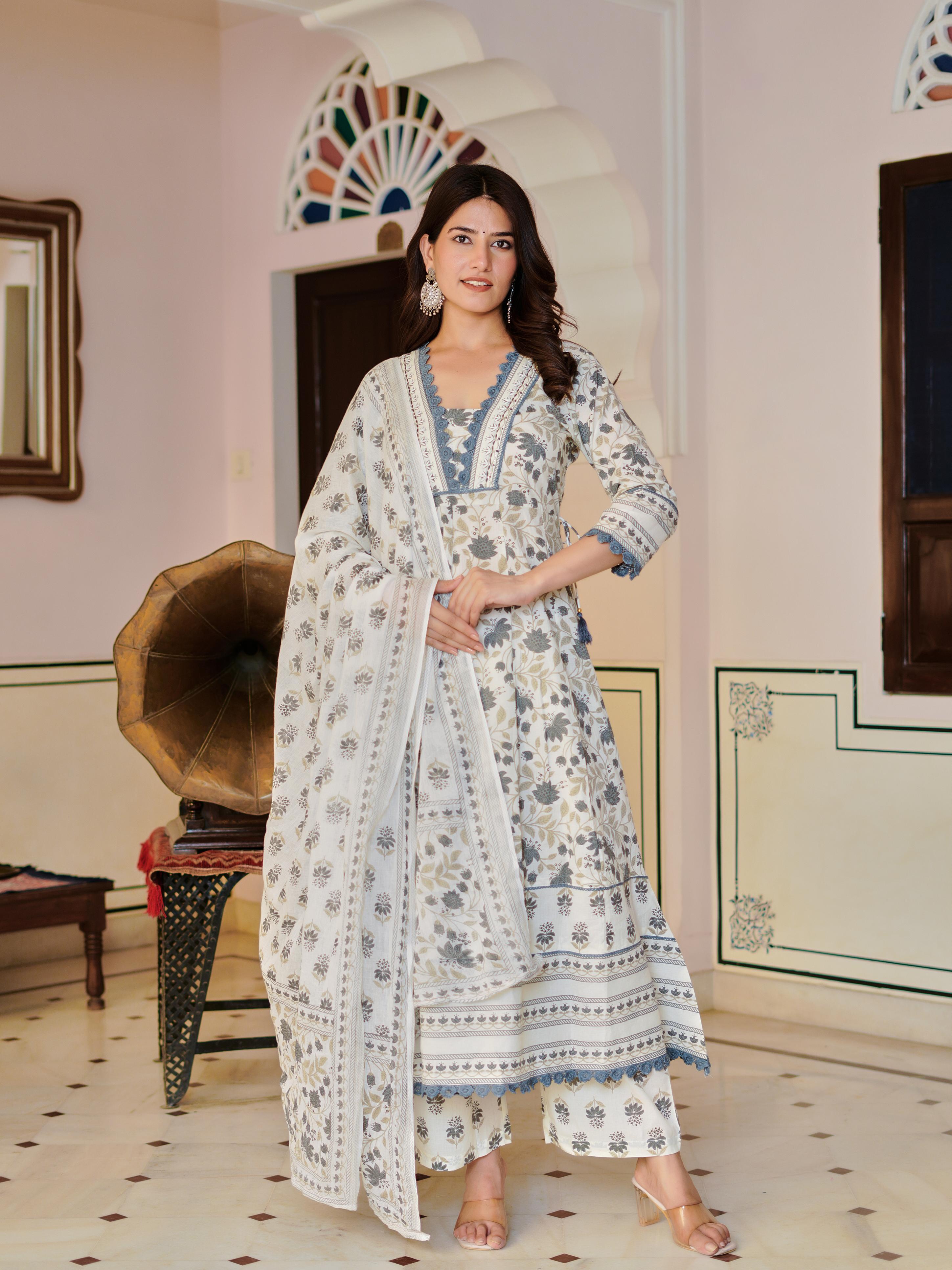 Ziyaana:- Women's Cotton Anarkali Kurta Set with Dupatta | Heavy Embroidered Neck & Sleeves