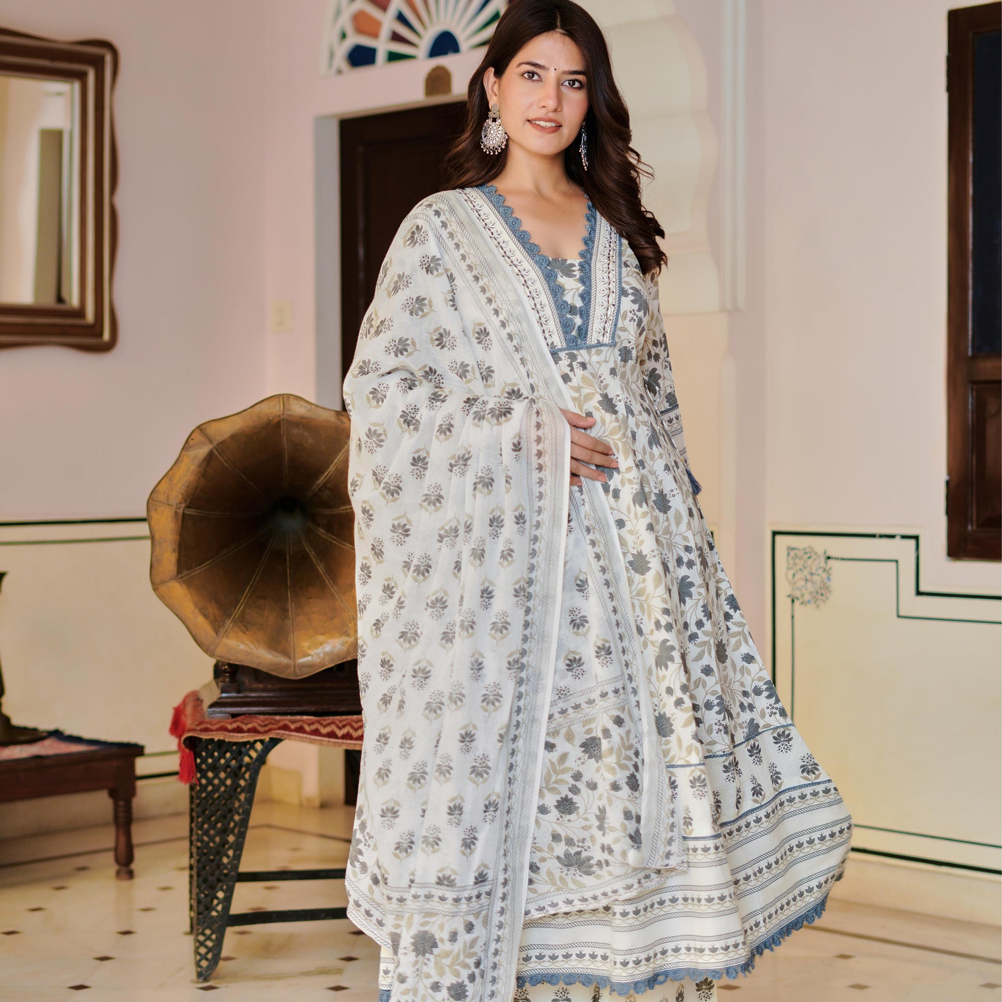 Ziyaana:- Women's Cotton Anarkali Kurta Set with Dupatta | Heavy Embroidered Neck & Sleeves