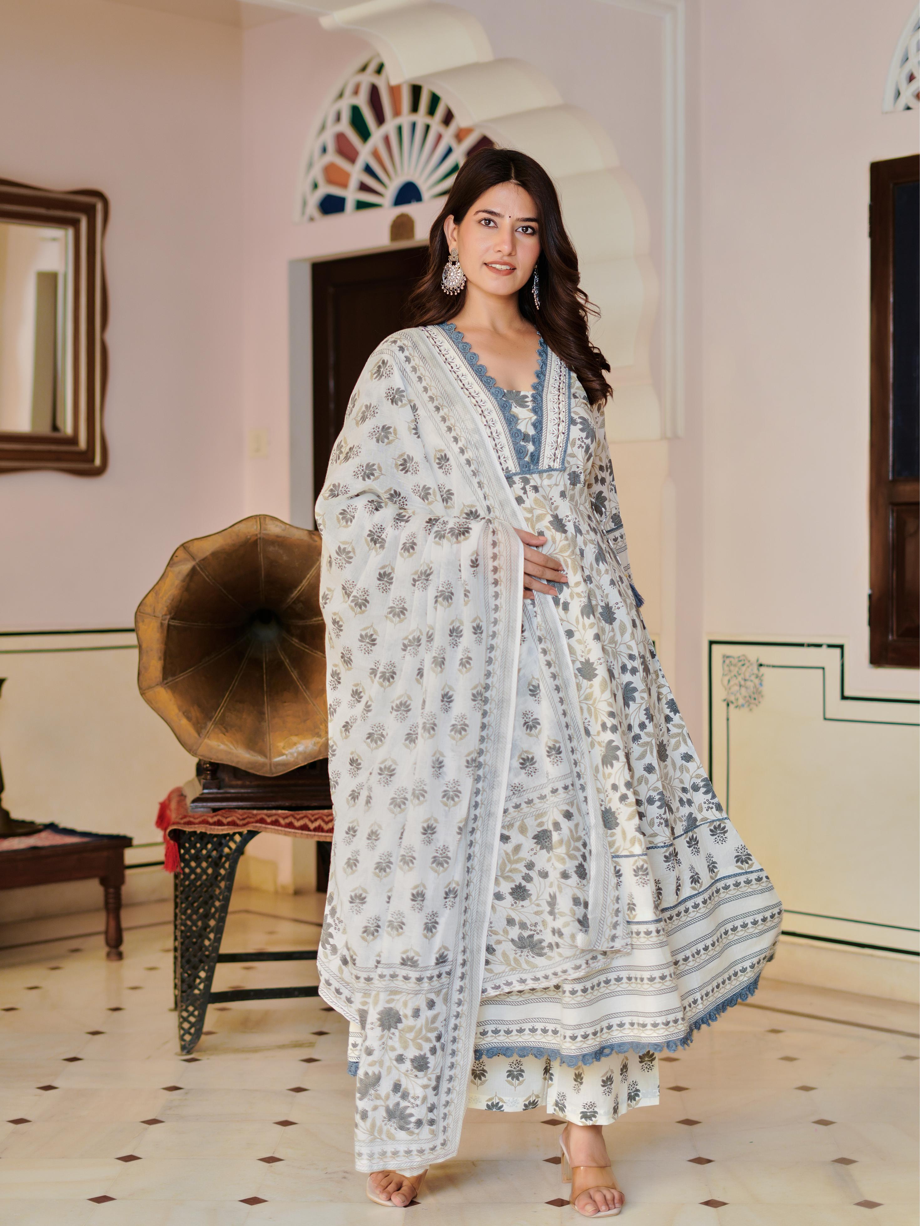 Ziyaana:- Women's Cotton Anarkali Kurta Set with Dupatta | Heavy Embroidered Neck & Sleeves