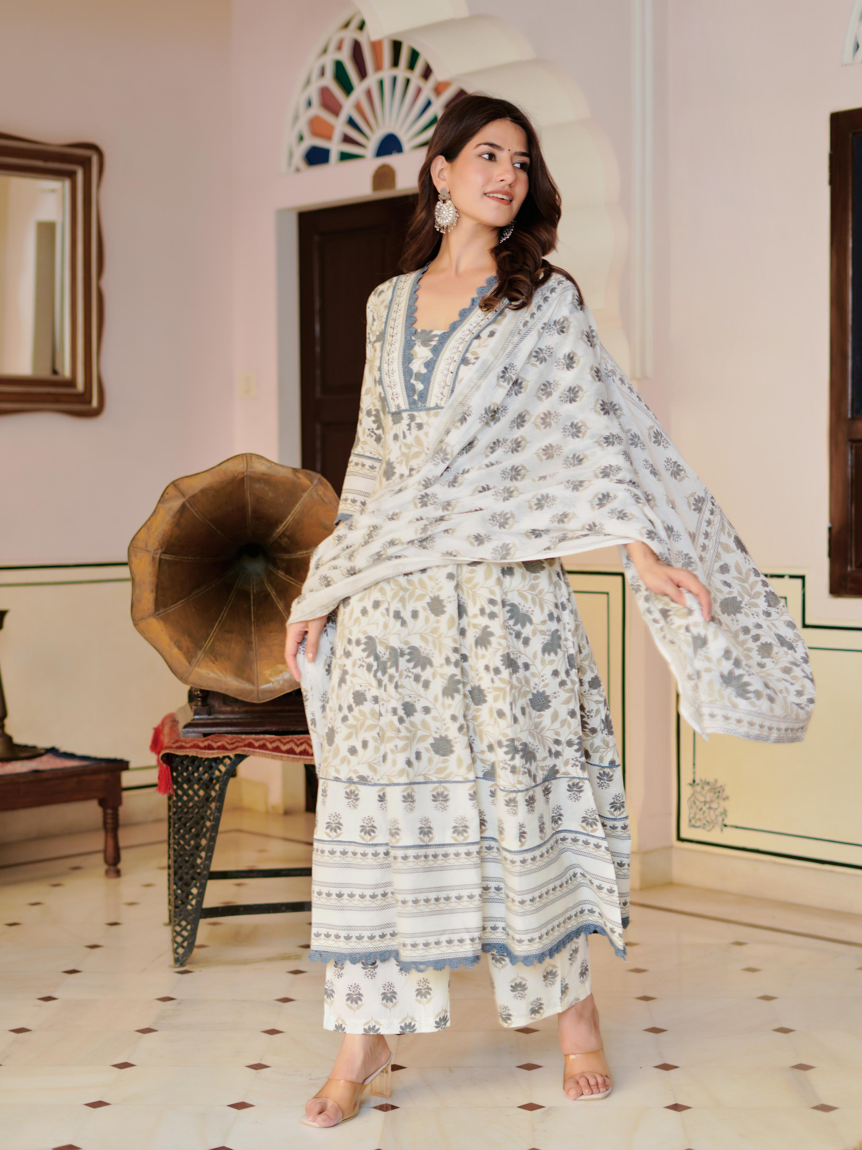 Ziyaana:- Women's Cotton Anarkali Kurta Set with Dupatta | Heavy Embroidered Neck & Sleeves