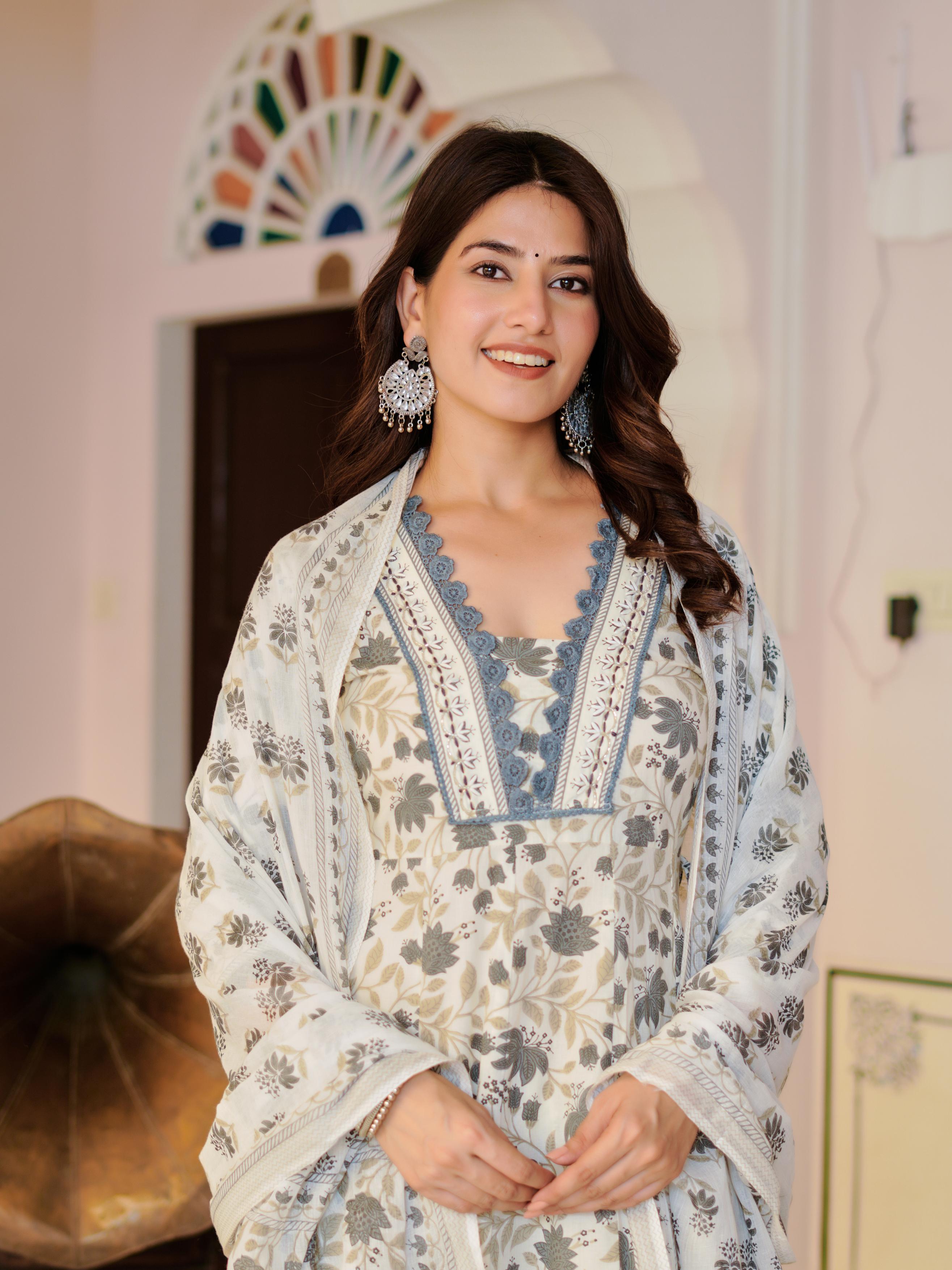 Ziyaana:- Women's Cotton Anarkali Kurta Set with Dupatta | Heavy Embroidered Neck & Sleeves