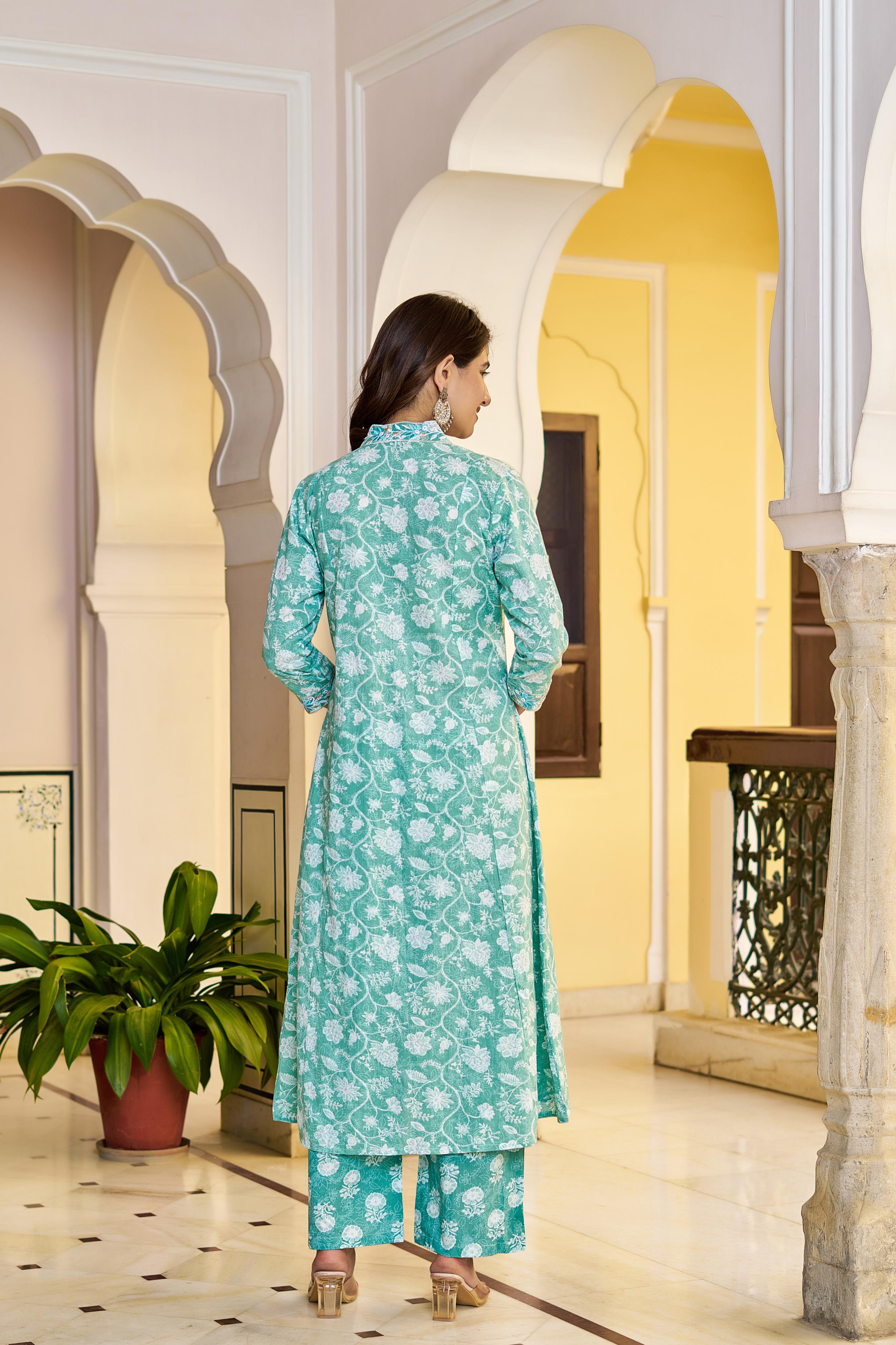Aarvika Women's Green Cotton Kurta Set with Dupatta | Heavy Embroidery