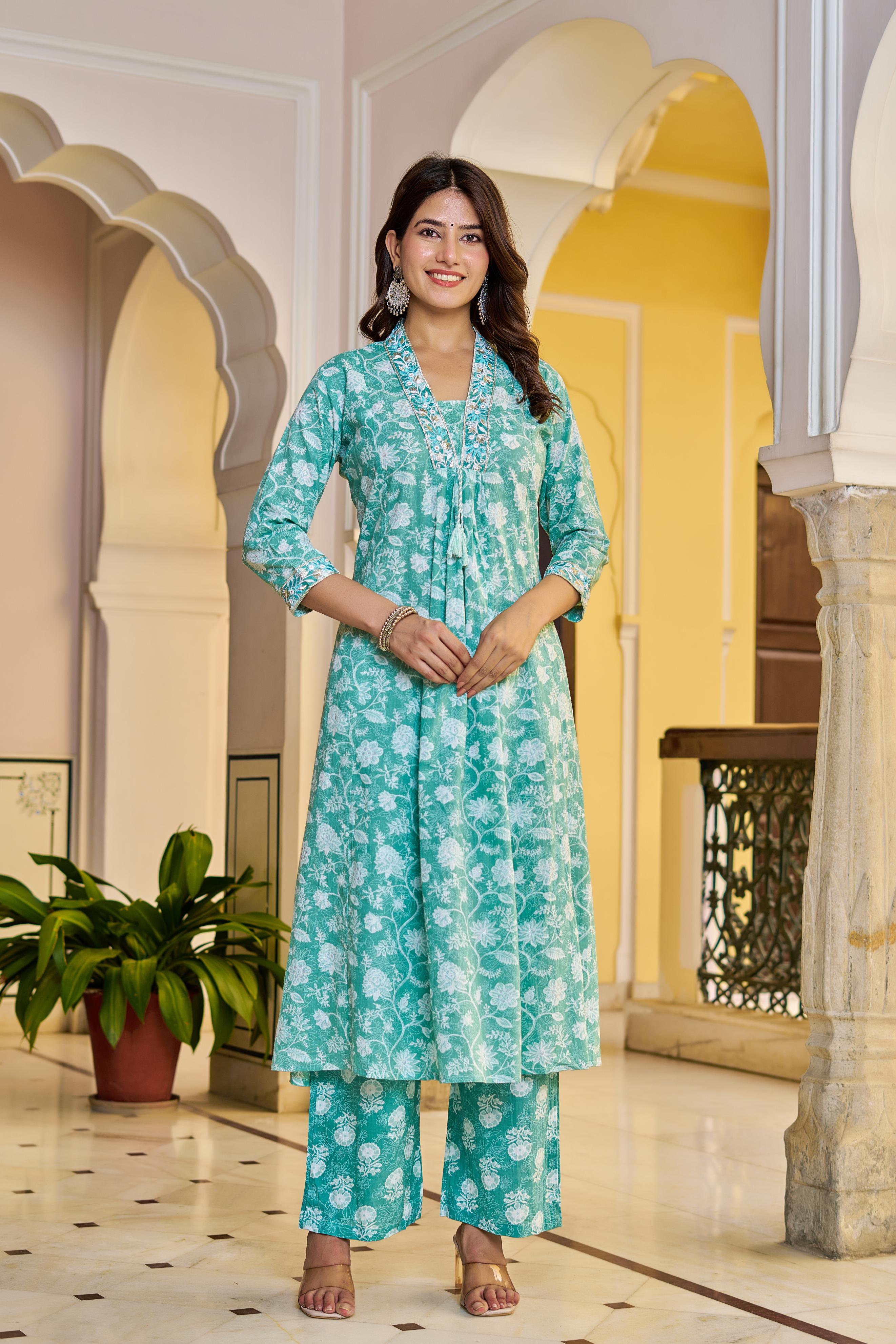 Aarvika Women's Green Cotton Kurta Set with Dupatta | Heavy Embroidery