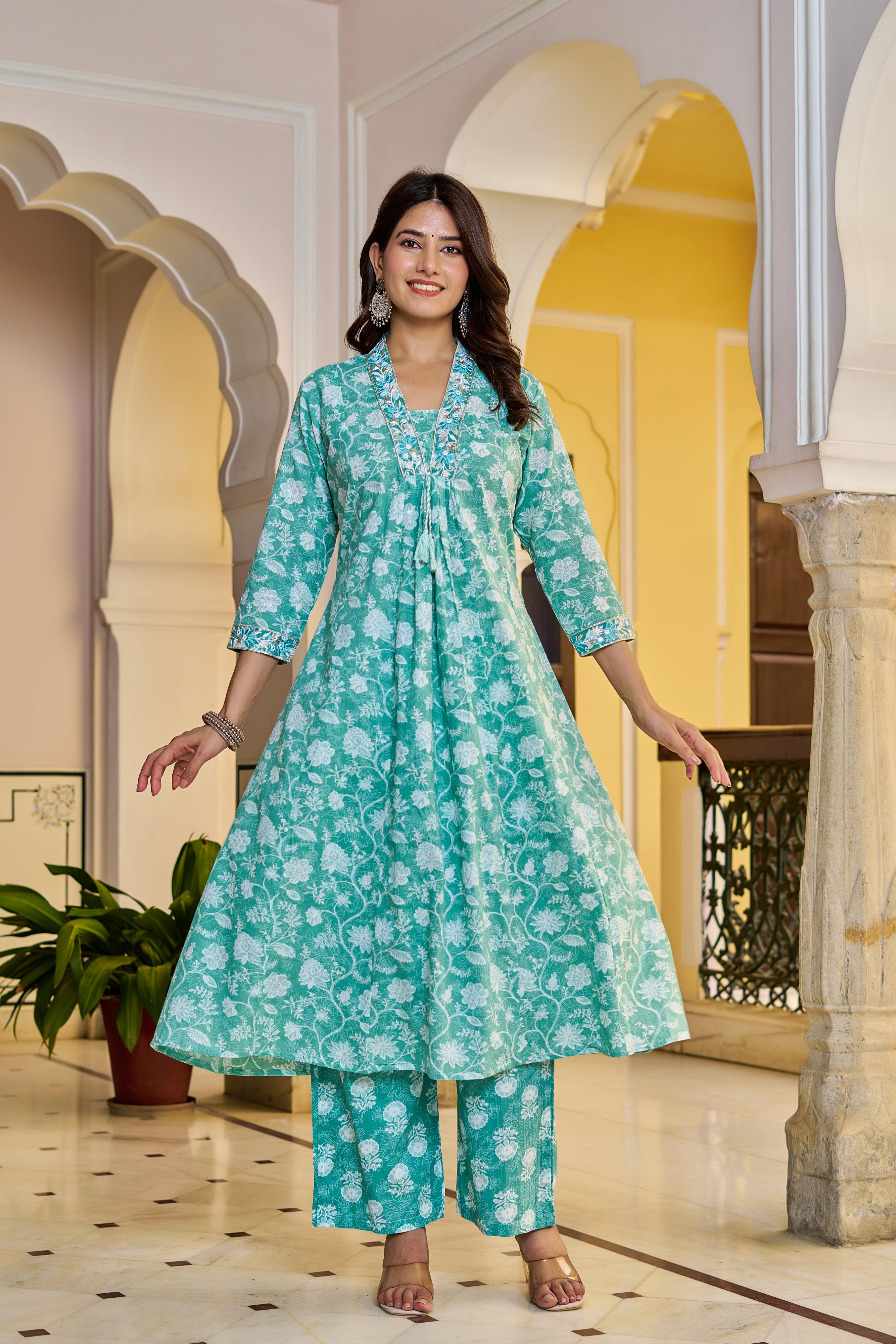 Aarvika Women's Green Cotton Kurta Set with Dupatta | Heavy Embroidery