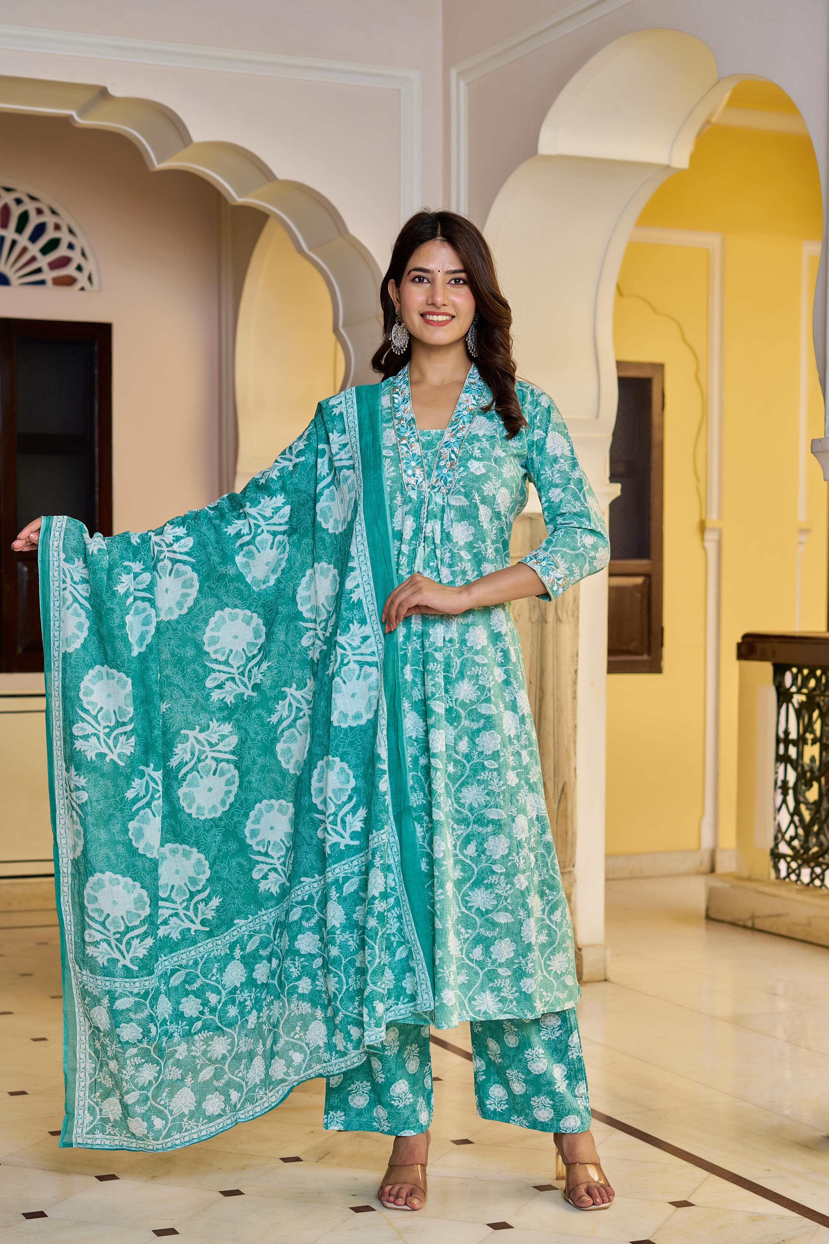 Aarvika Women's Green Cotton Kurta Set with Dupatta | Heavy Embroidery