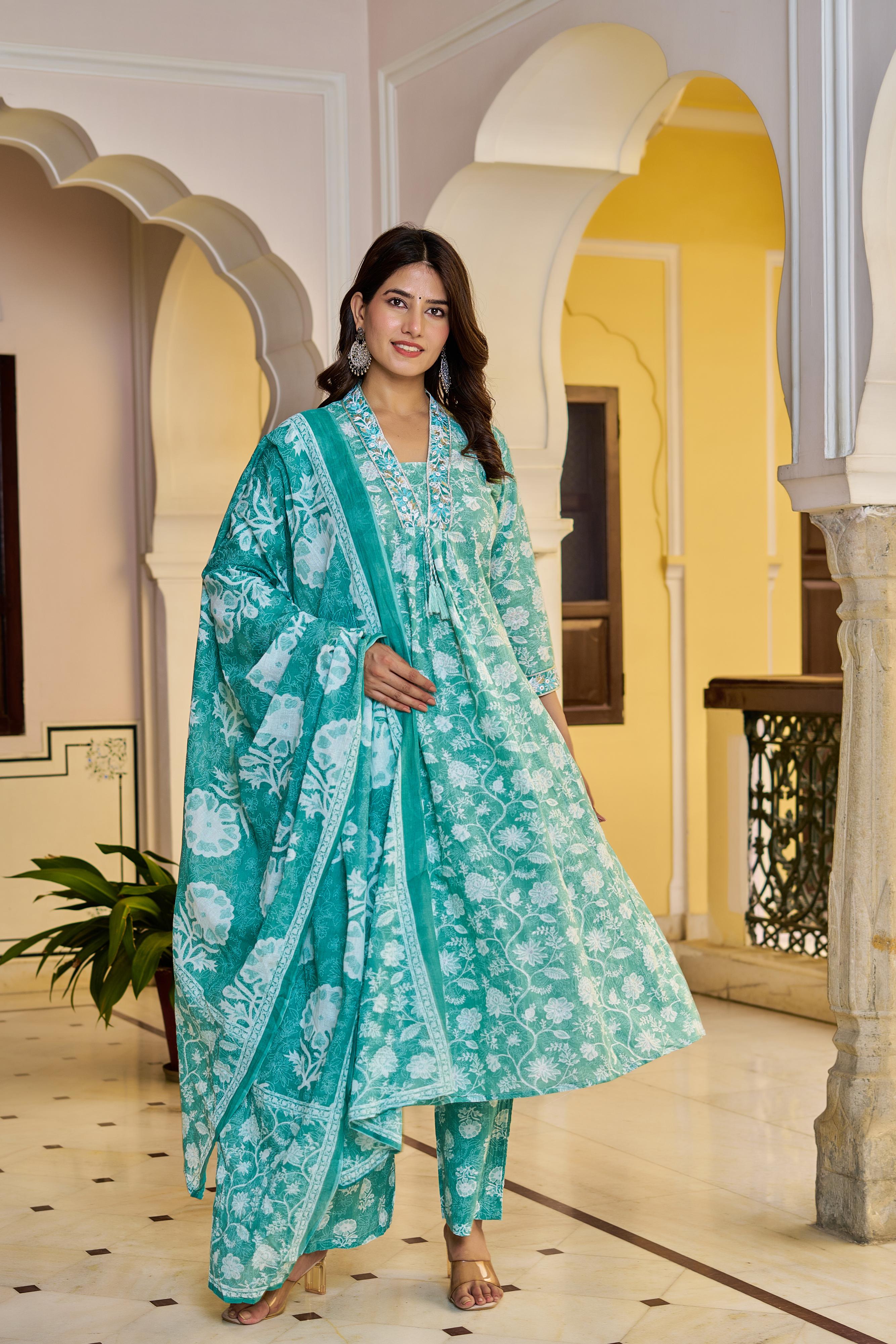 Aarvika Women's Green Cotton Kurta Set with Dupatta | Heavy Embroidery