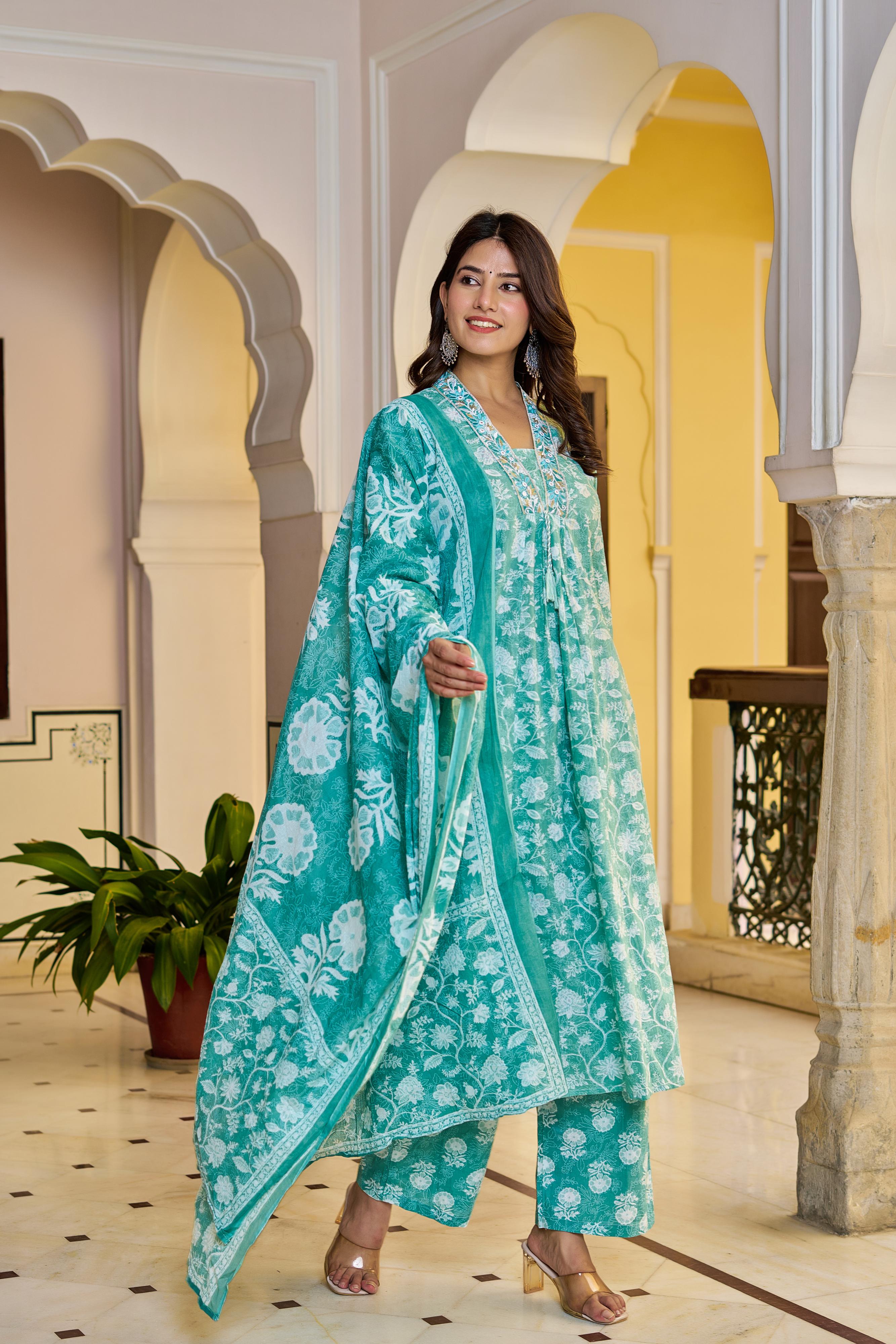 Aarvika Women's Green Cotton Kurta Set with Dupatta | Heavy Embroidery