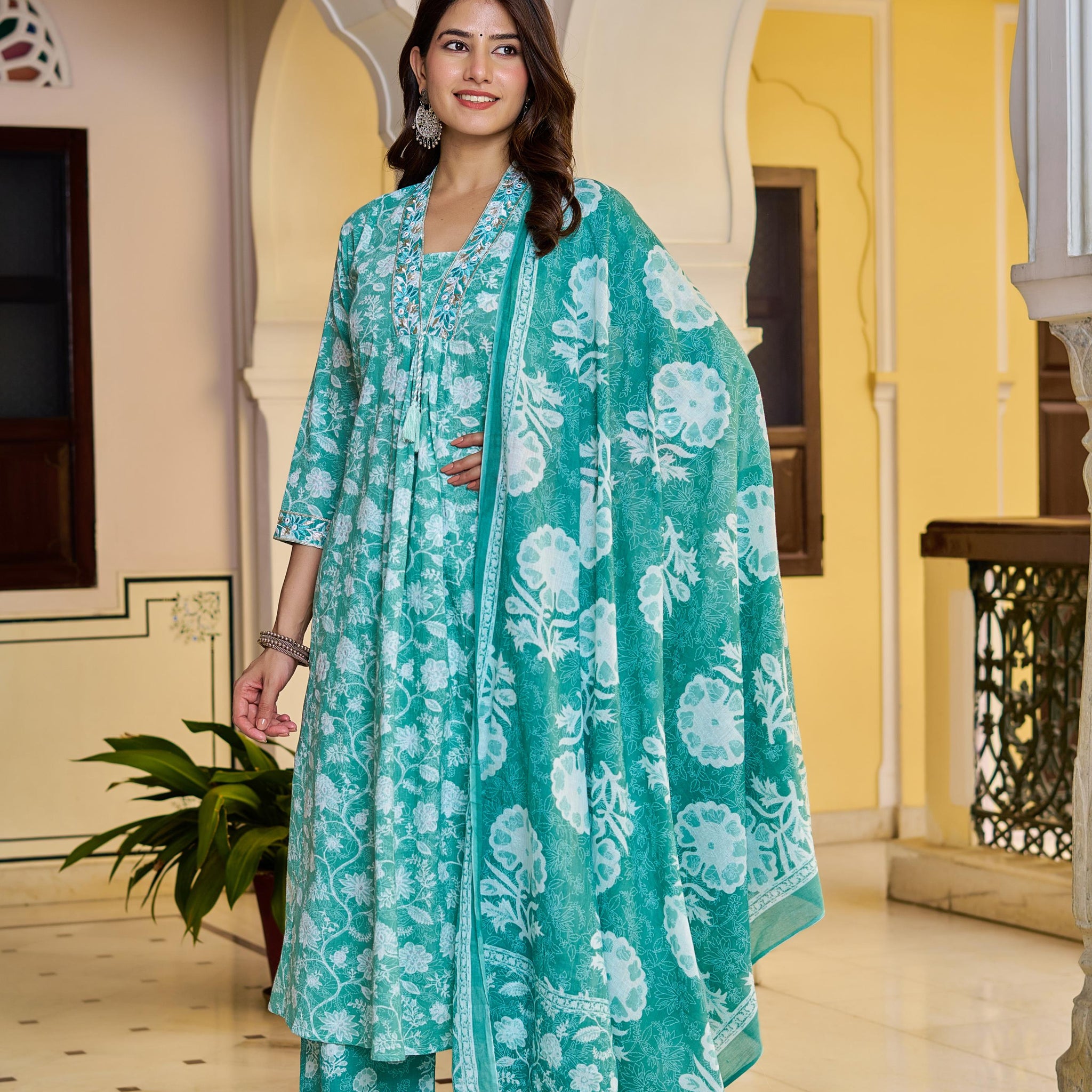 Aarvika Women's Green Cotton Kurta Set with Dupatta | Heavy Embroidery