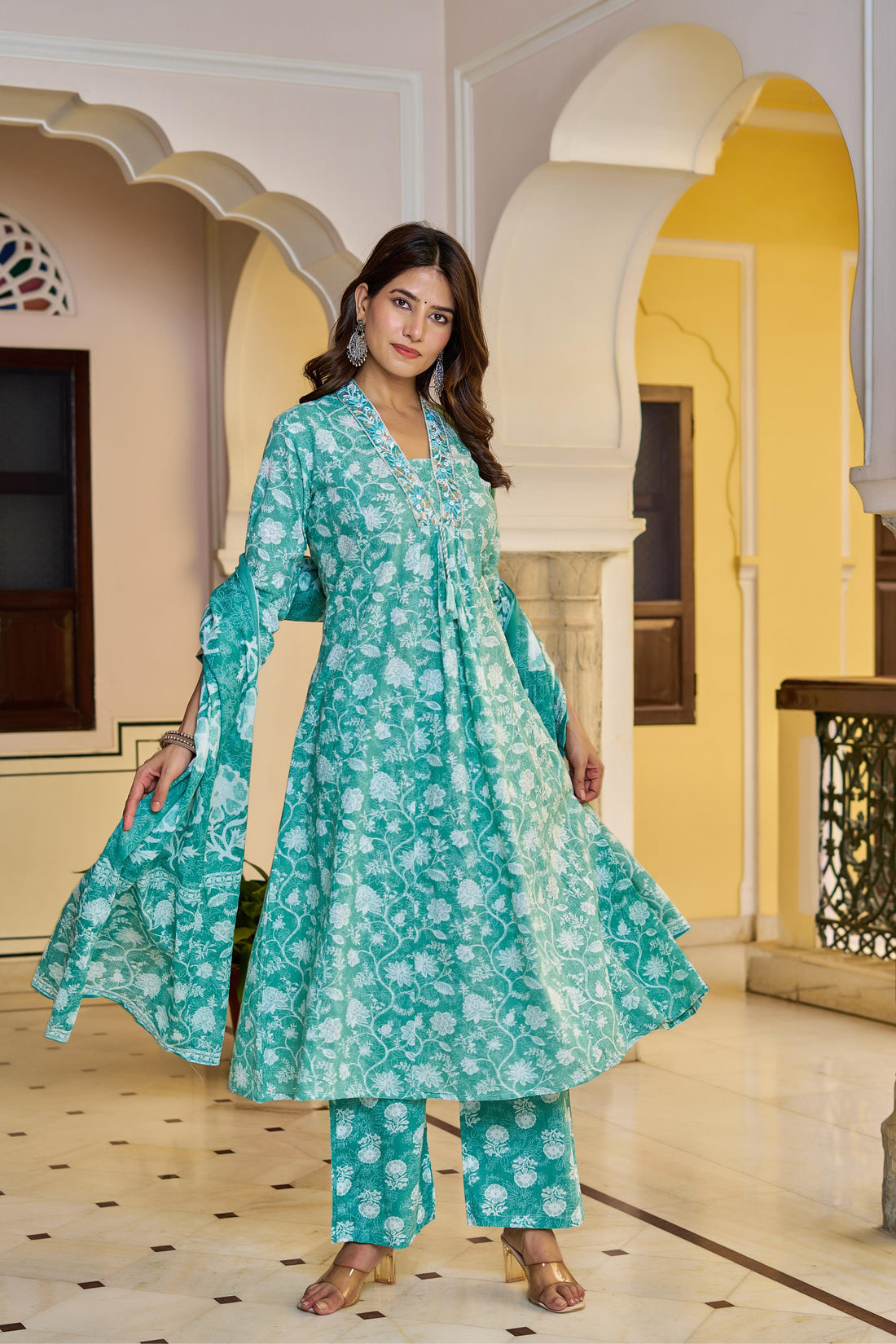 Aarvika Women's Green Cotton Kurta Set with Dupatta | Heavy Embroidery