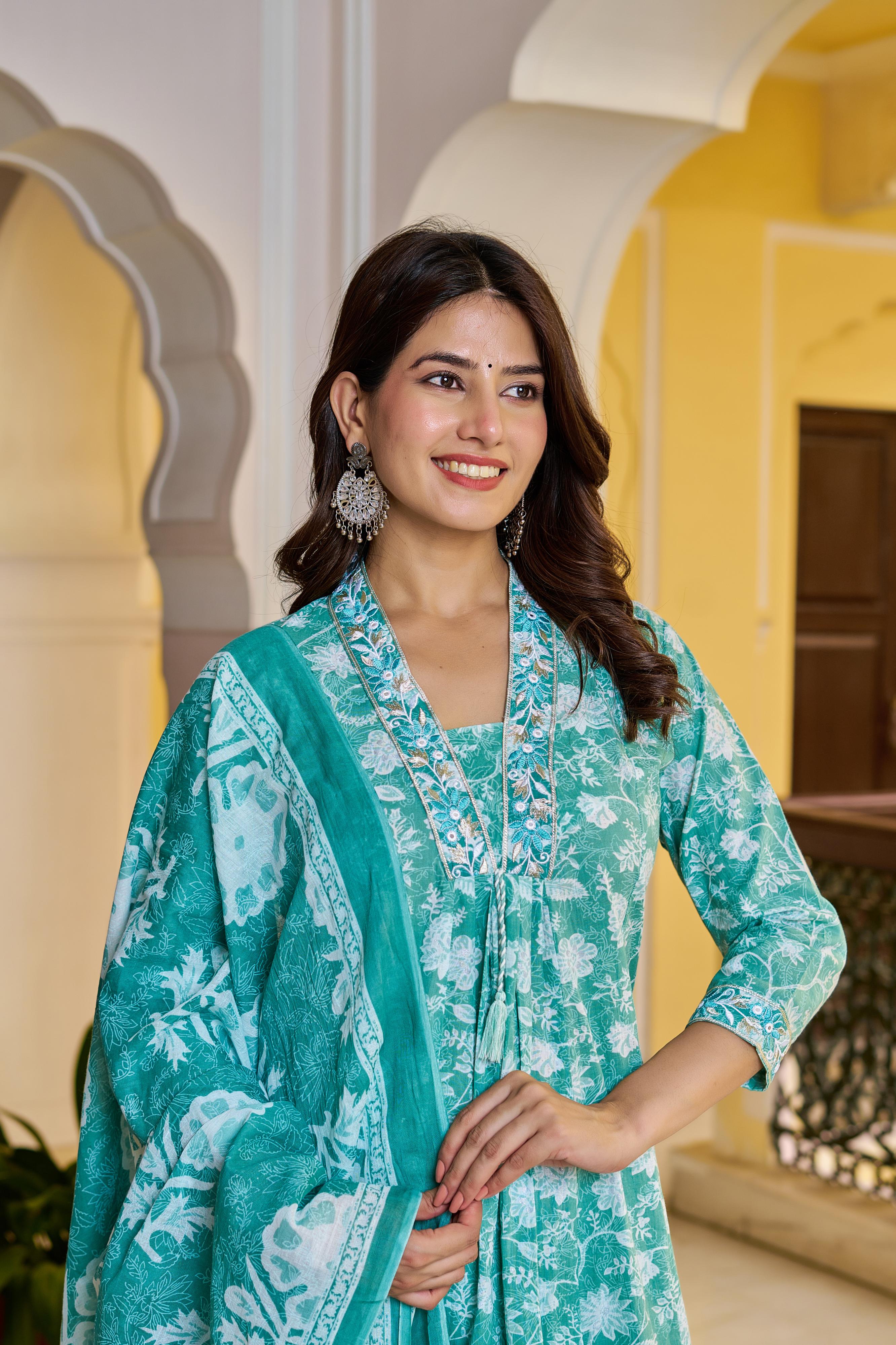 Aarvika Women's Green Cotton Kurta Set with Dupatta | Heavy Embroidery