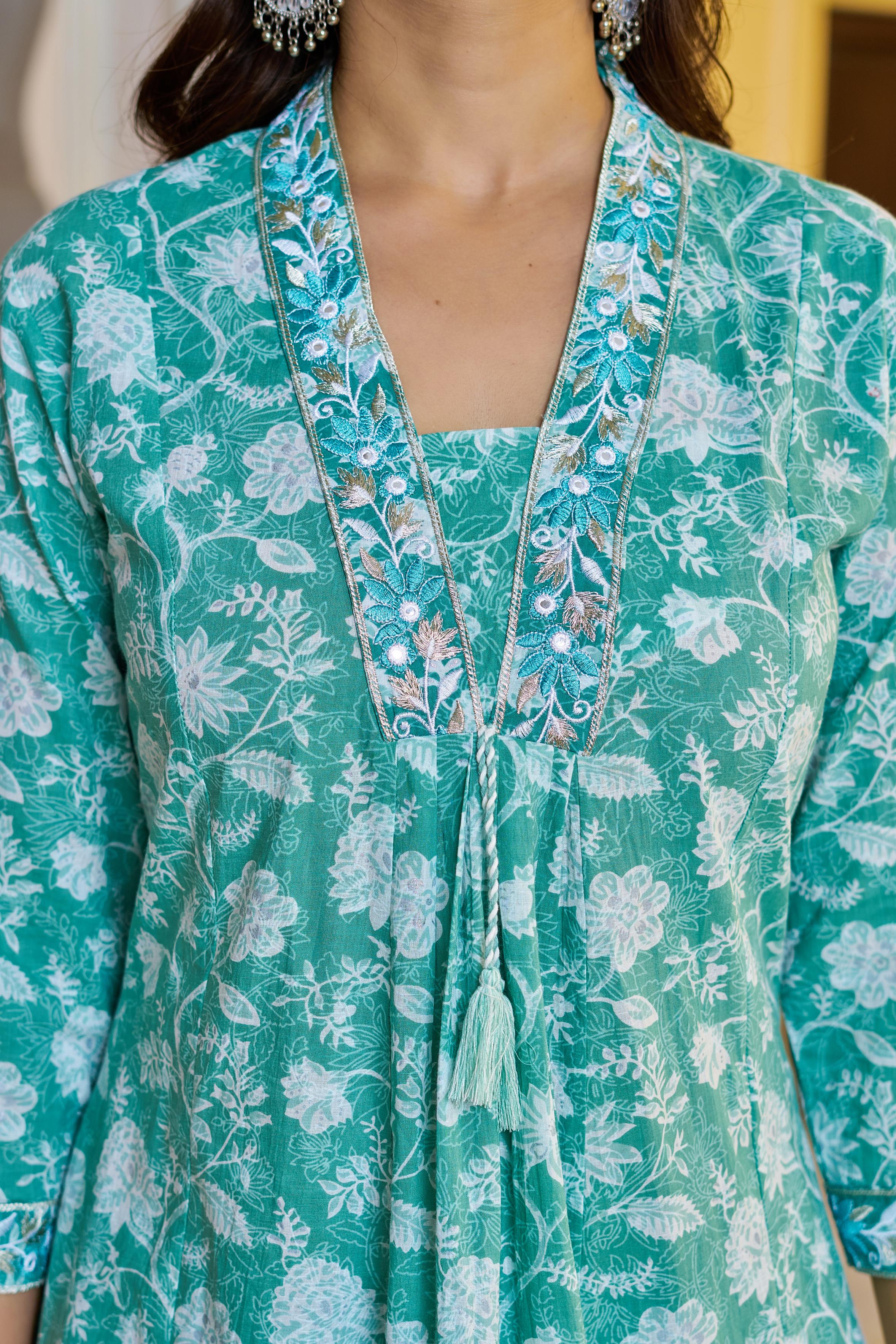 Aarvika Women's Green Cotton Kurta Set with Dupatta | Heavy Embroidery