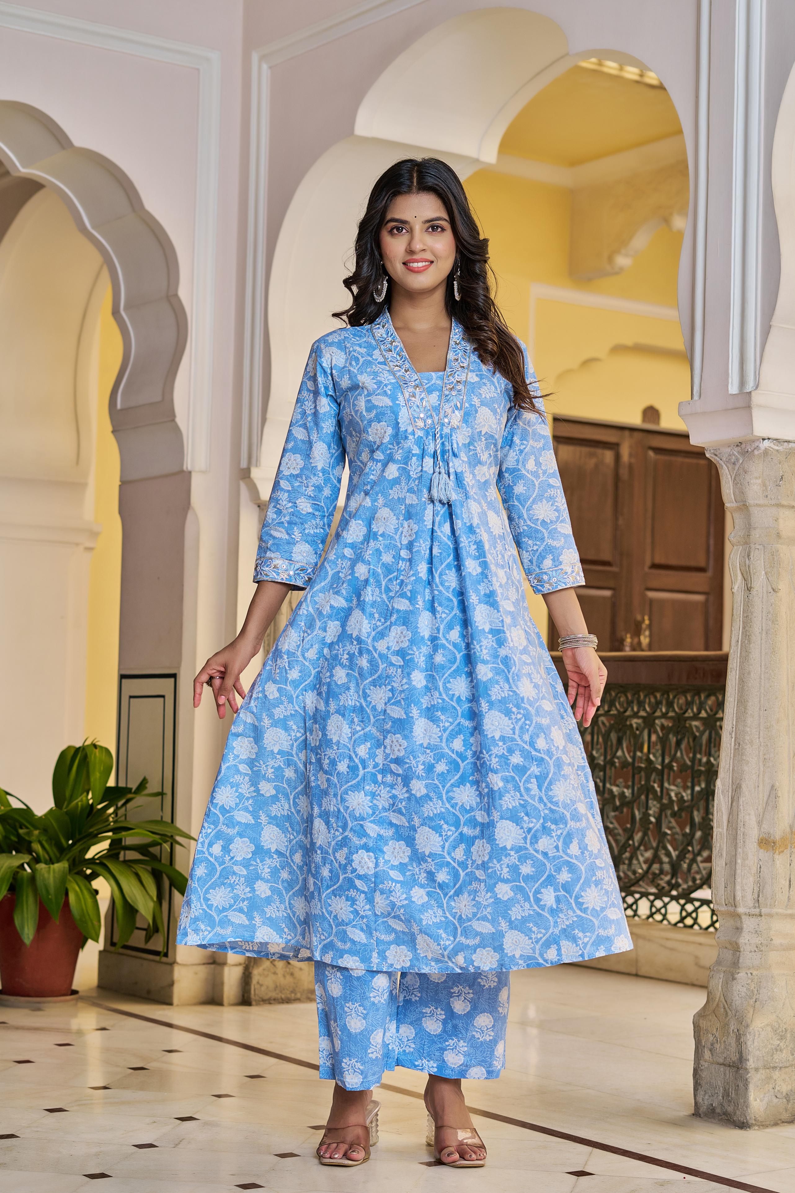 Aarvika Women's Blue Cotton Kurta Set with Dupatta | All-Over Embroidery