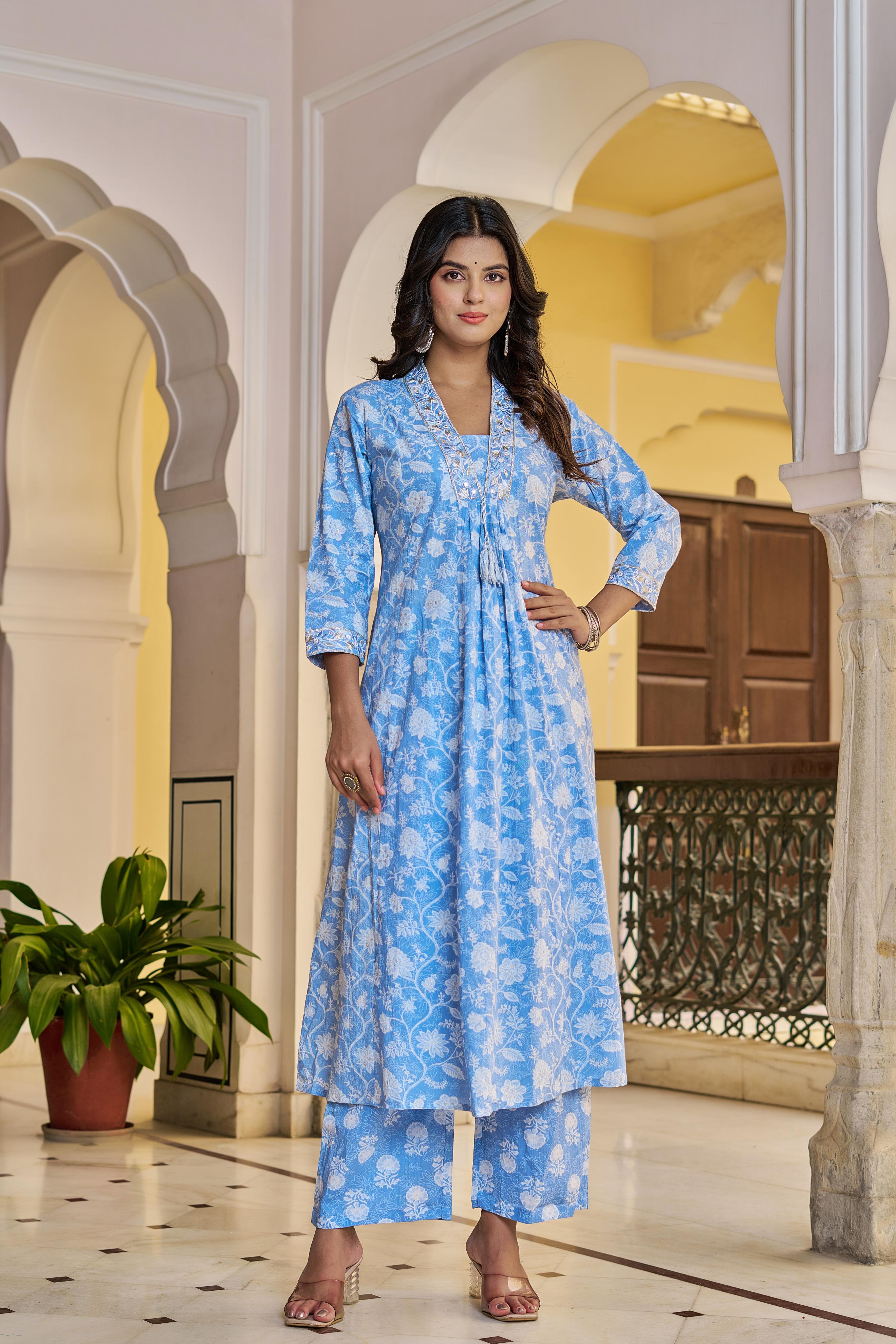Aarvika Women's Blue Cotton Kurta Set with Dupatta | All-Over Embroidery