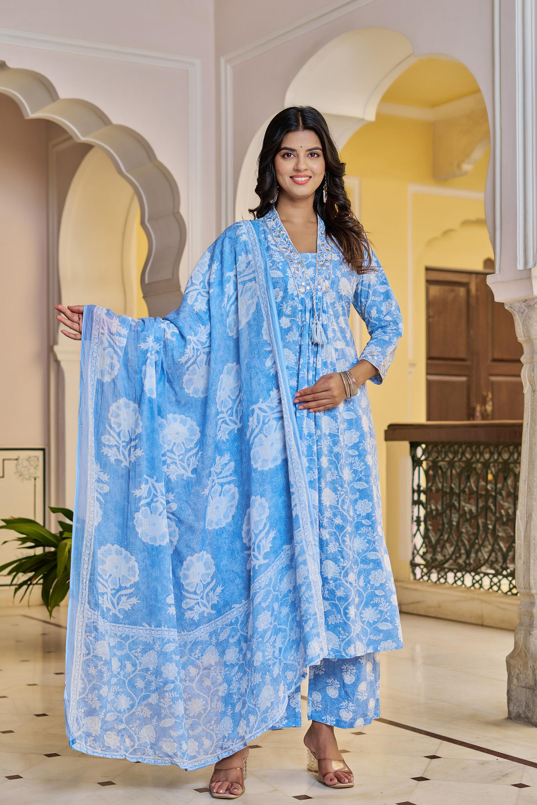 Aarvika Women's Blue Cotton Kurta Set with Dupatta | All-Over Embroidery