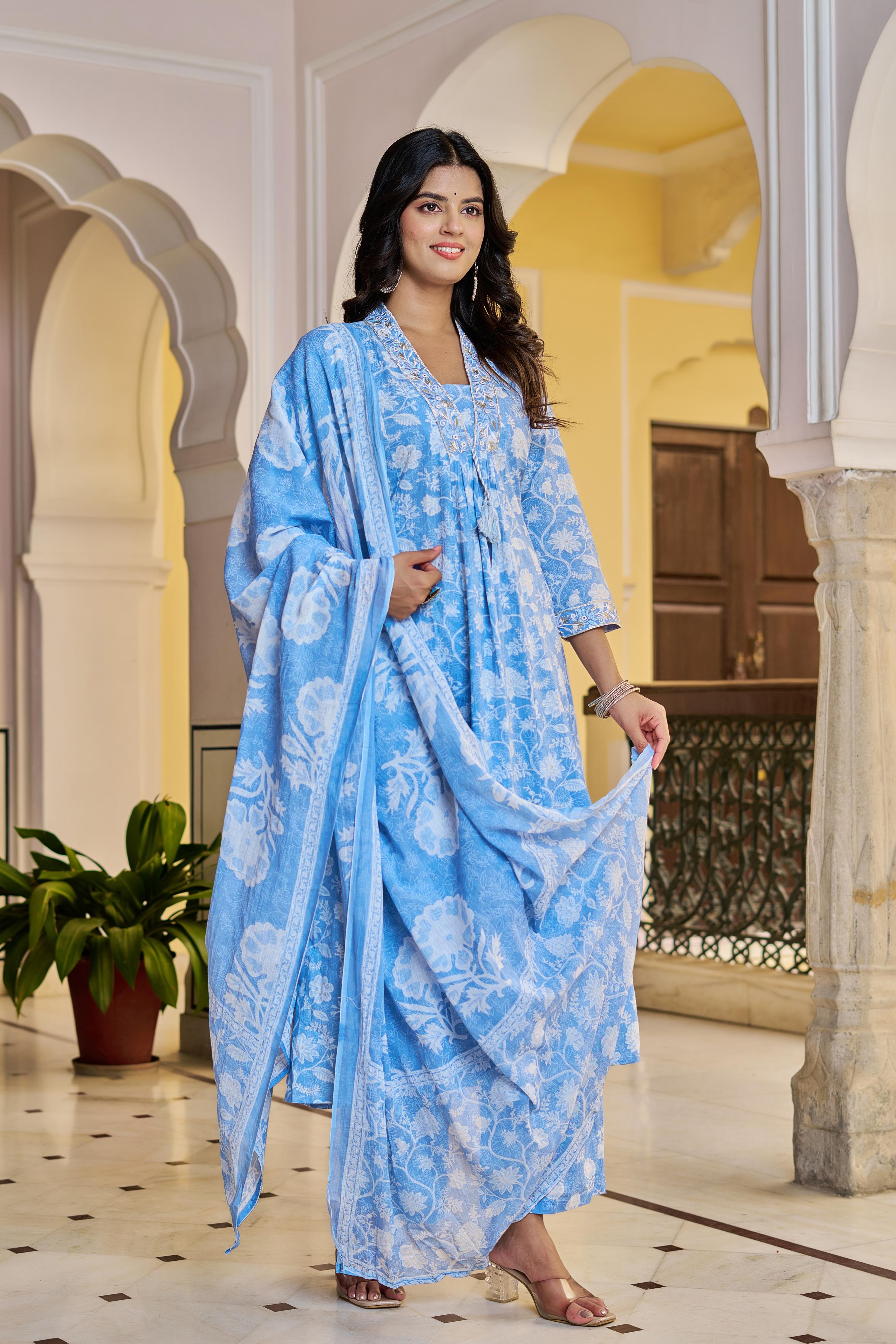 Aarvika Women's Blue Cotton Kurta Set with Dupatta | All-Over Embroidery