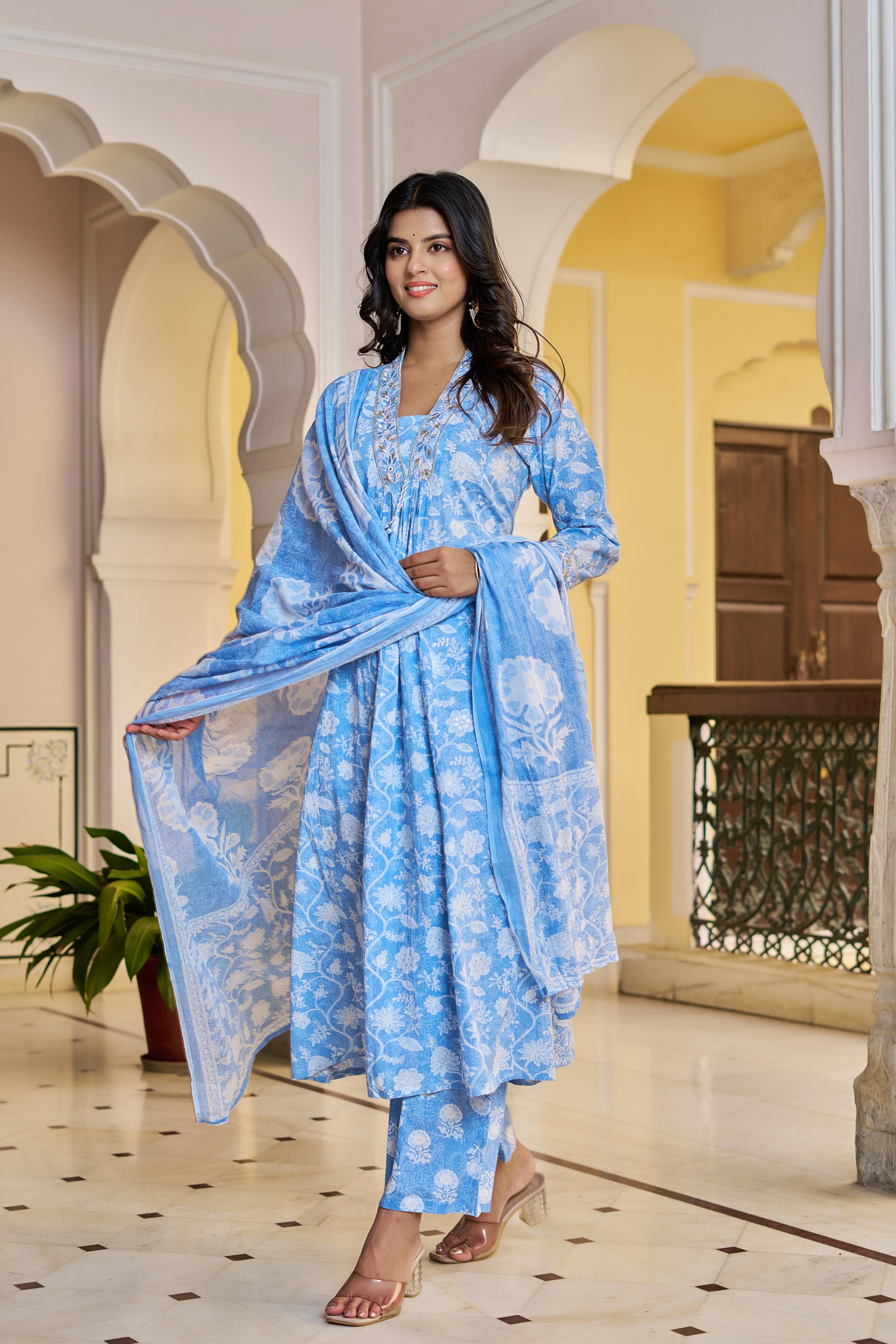 Aarvika Women's Blue Cotton Kurta Set with Dupatta | All-Over Embroidery