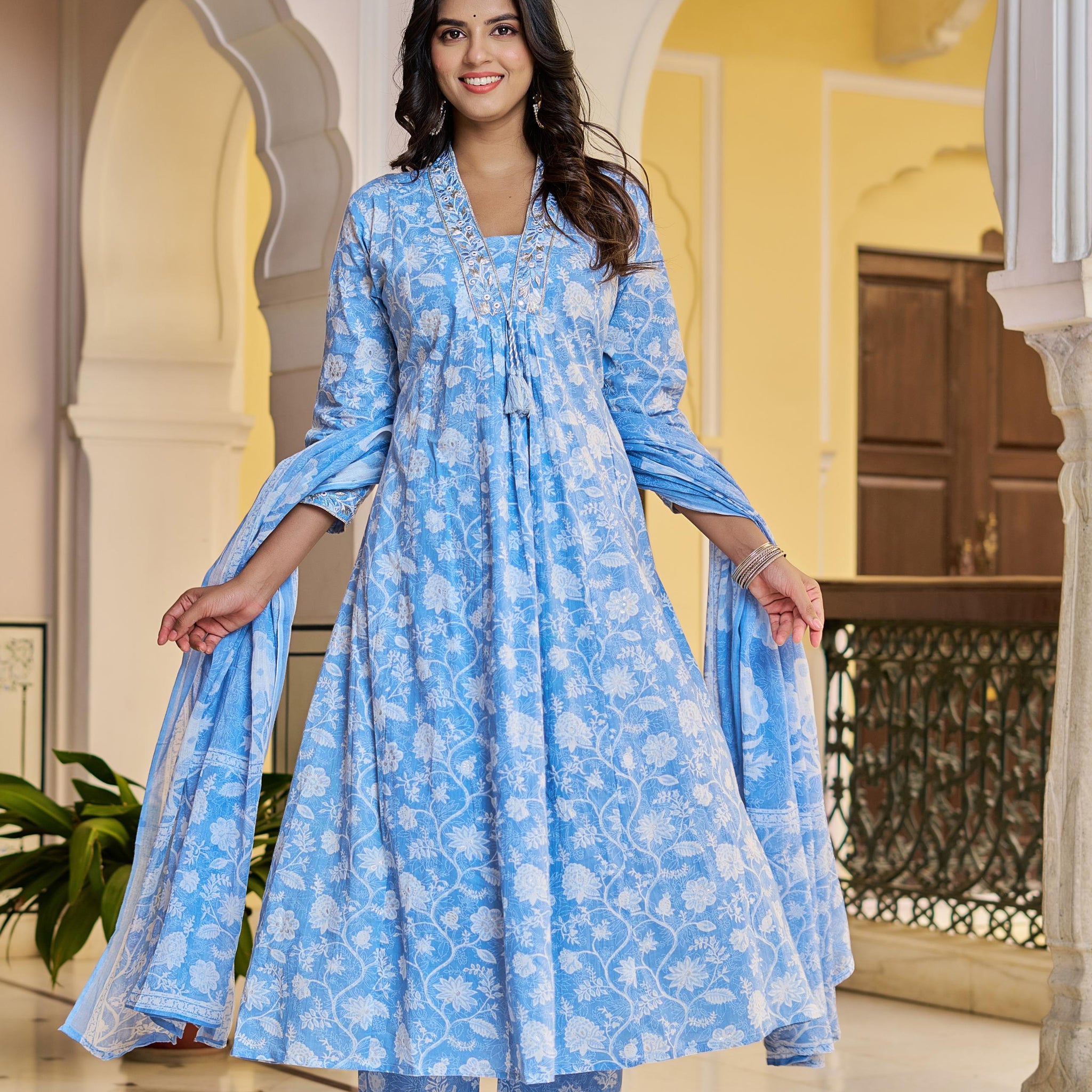 Aarvika Women's Blue Cotton Kurta Set with Dupatta | All-Over Embroidery