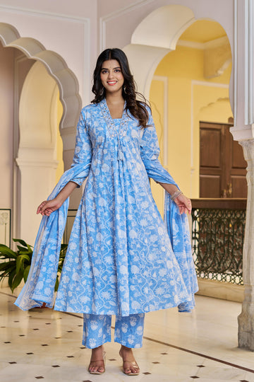 Aarvika Women's Blue Cotton Kurta Set with Dupatta | All-Over Embroidery