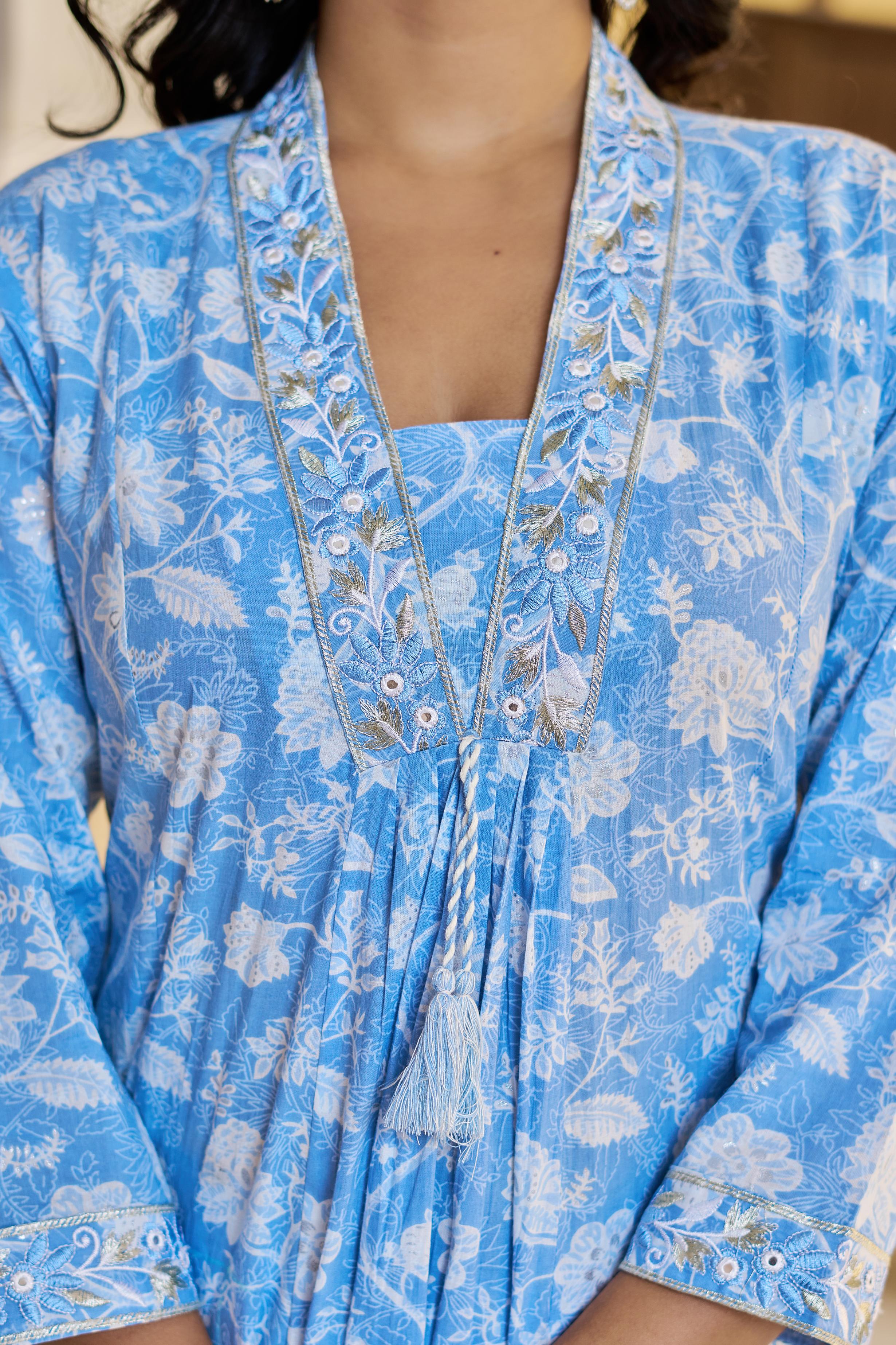 Aarvika Women's Blue Cotton Kurta Set with Dupatta | All-Over Embroidery