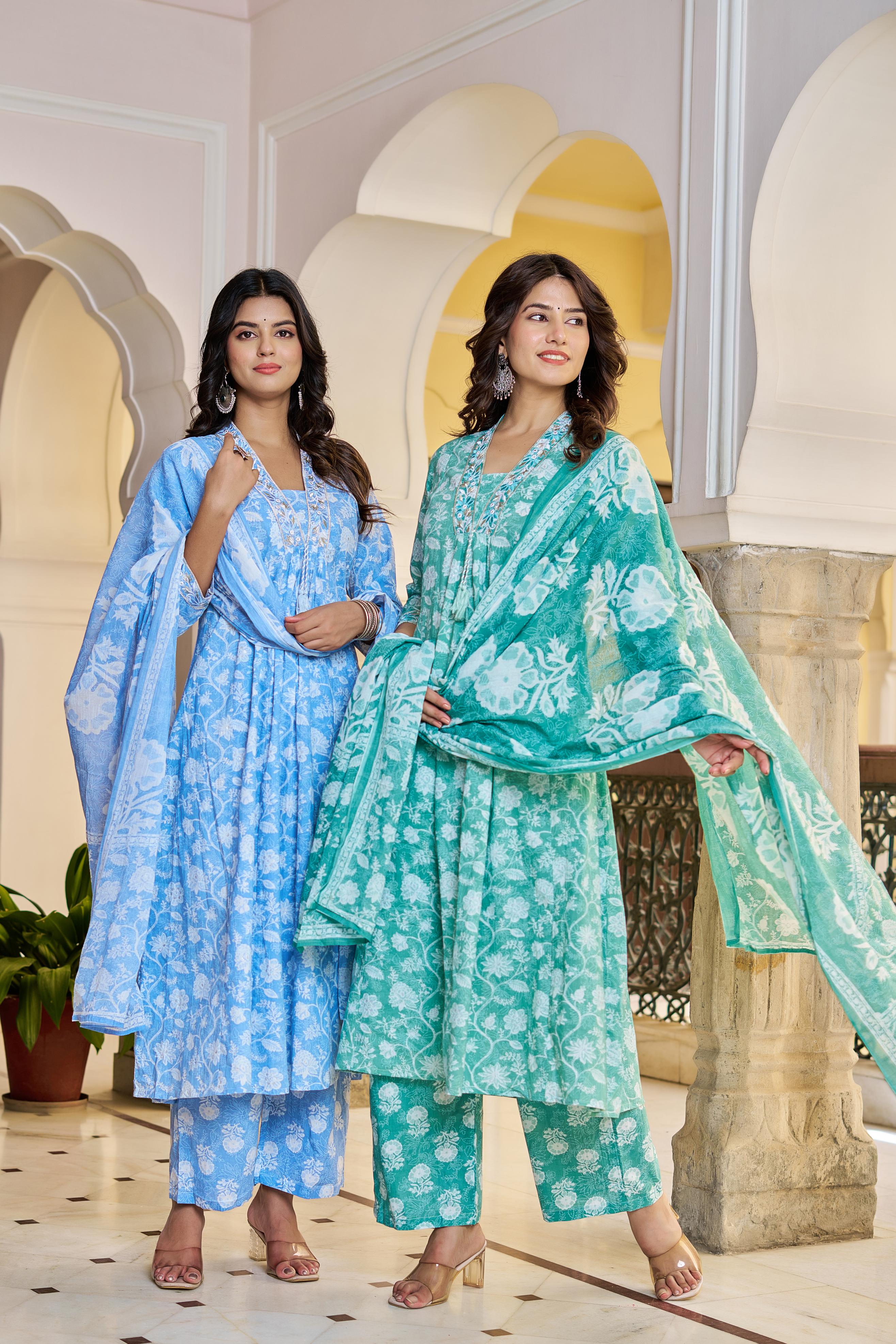 Aarvika Women's Blue Cotton Kurta Set with Dupatta | All-Over Embroidery