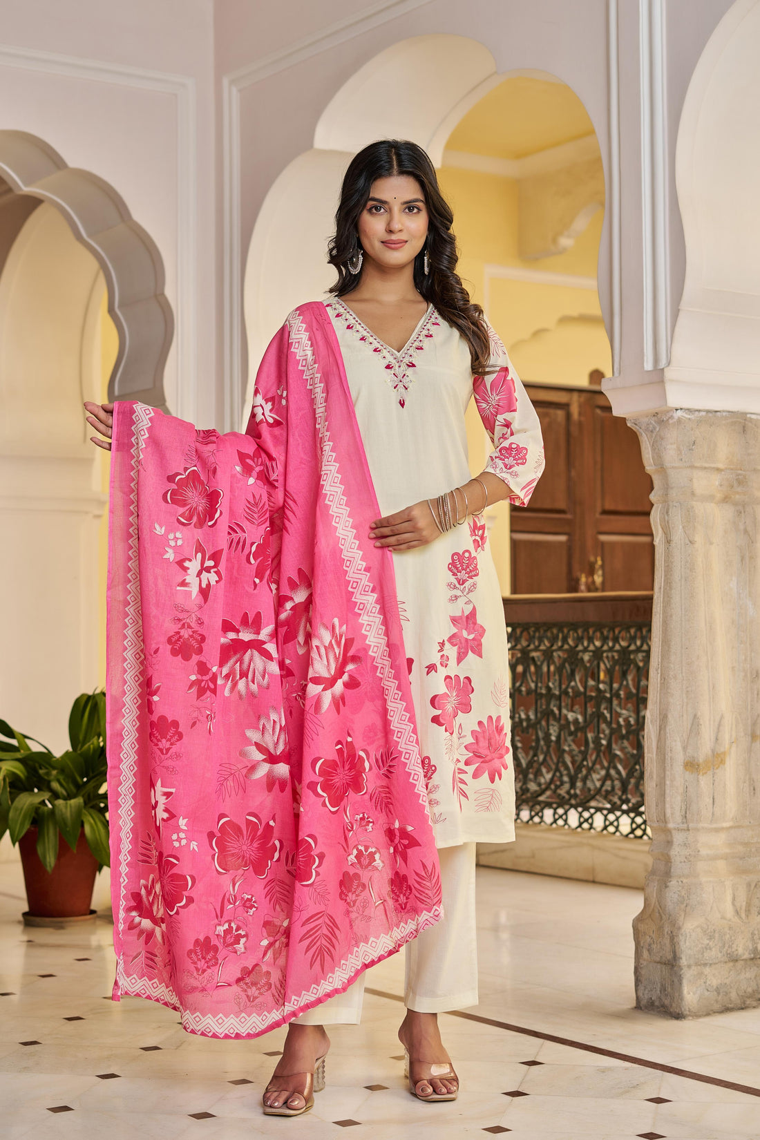 Cream & Pink Floral Printed Cotton Suit Set | Elegant Kurta with Dupatta