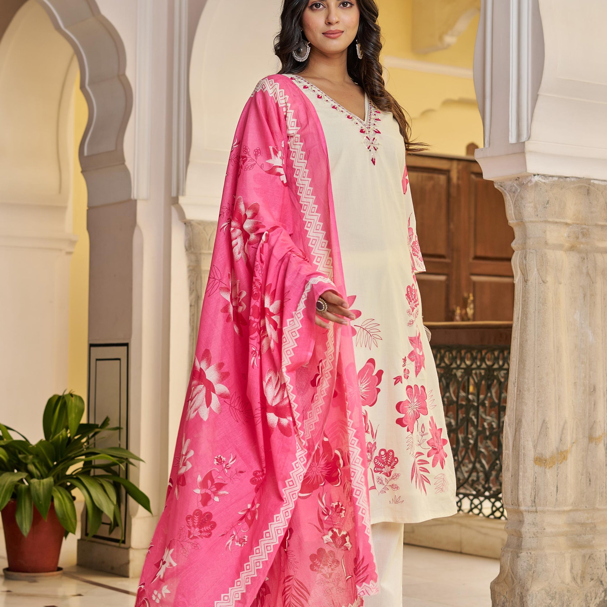 Cream & Pink Floral Printed Cotton Suit Set | Elegant Kurta with Dupatta