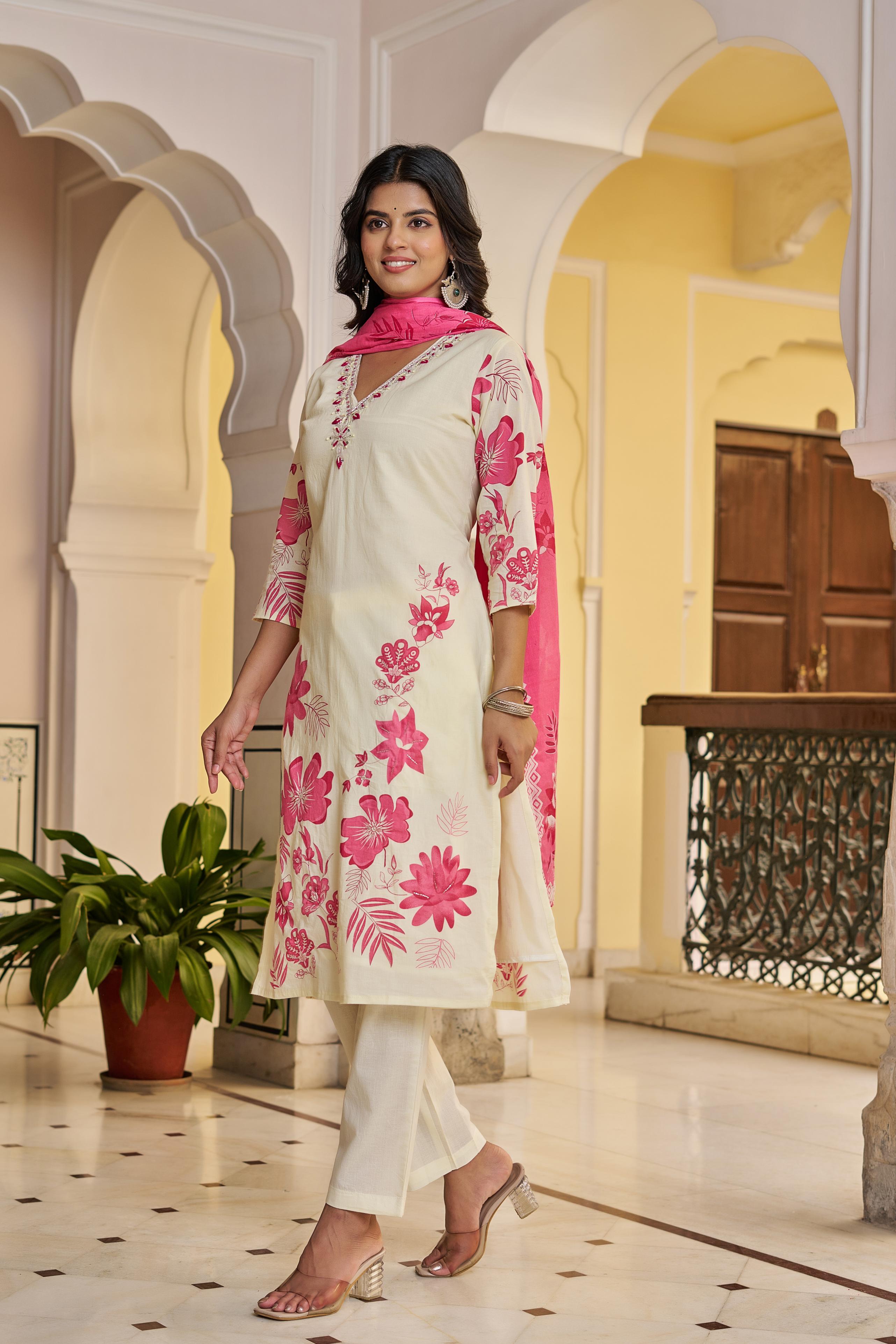 Cream & Pink Floral Printed Cotton Suit Set | Elegant Kurta with Dupatta