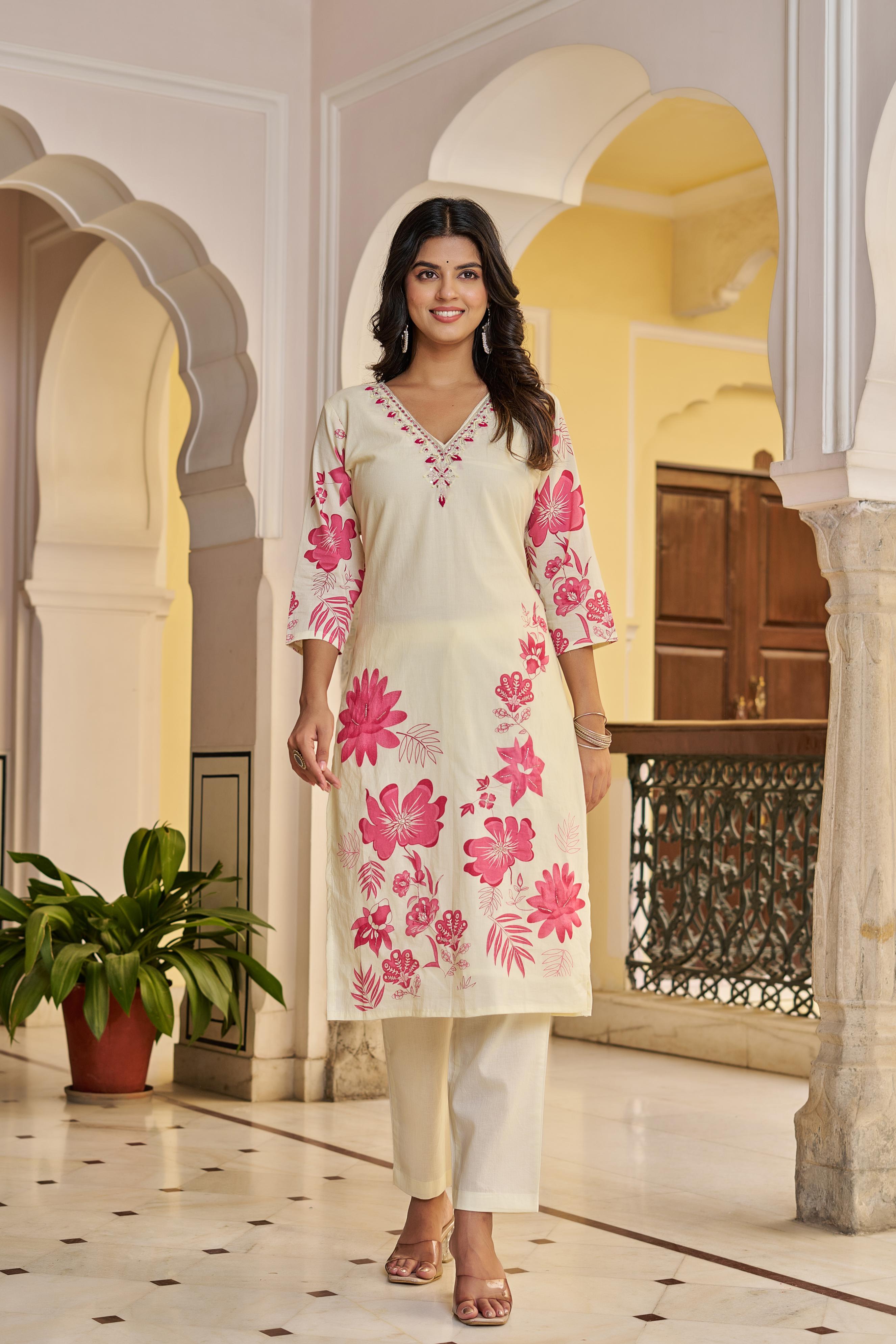 Cream & Pink Floral Printed Cotton Suit Set | Elegant Kurta with Dupatta