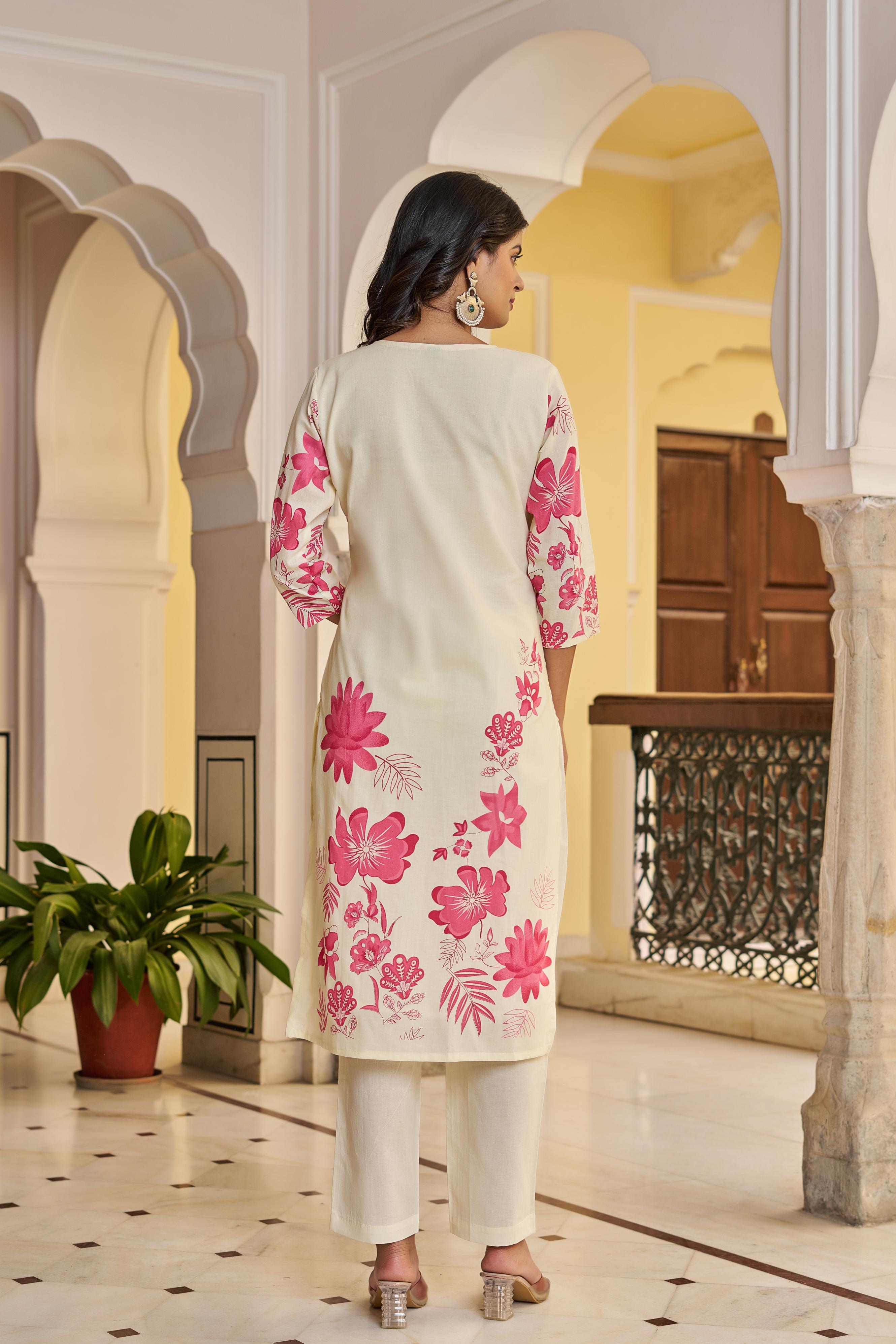 Cream & Pink Floral Printed Cotton Suit Set | Elegant Kurta with Dupatta