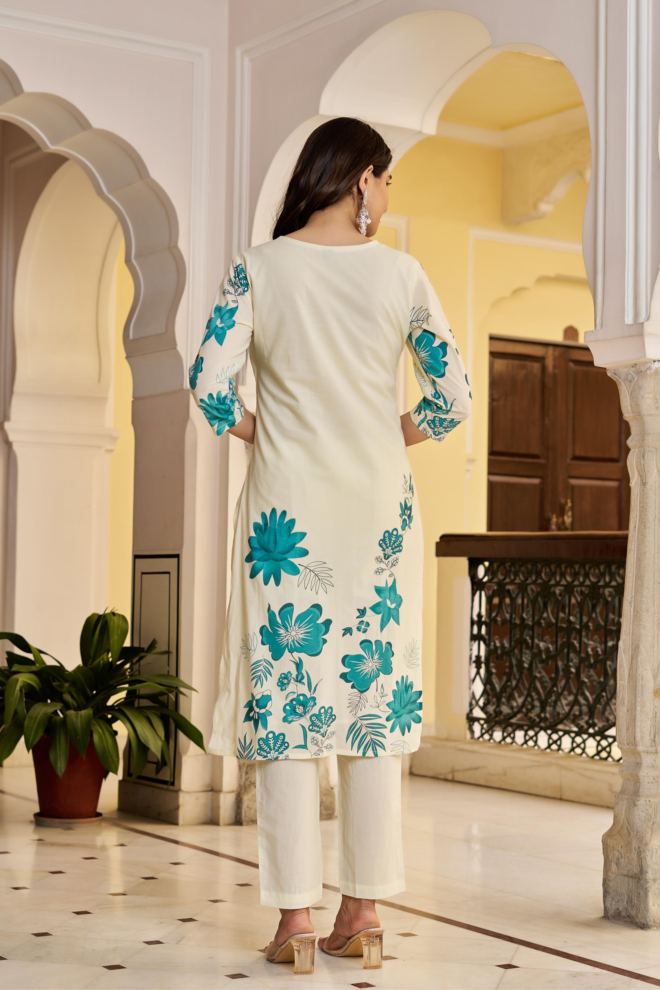 Cream & Teal Floral Printed Cotton Suit Set | Elegant Kurta with Dupatta
