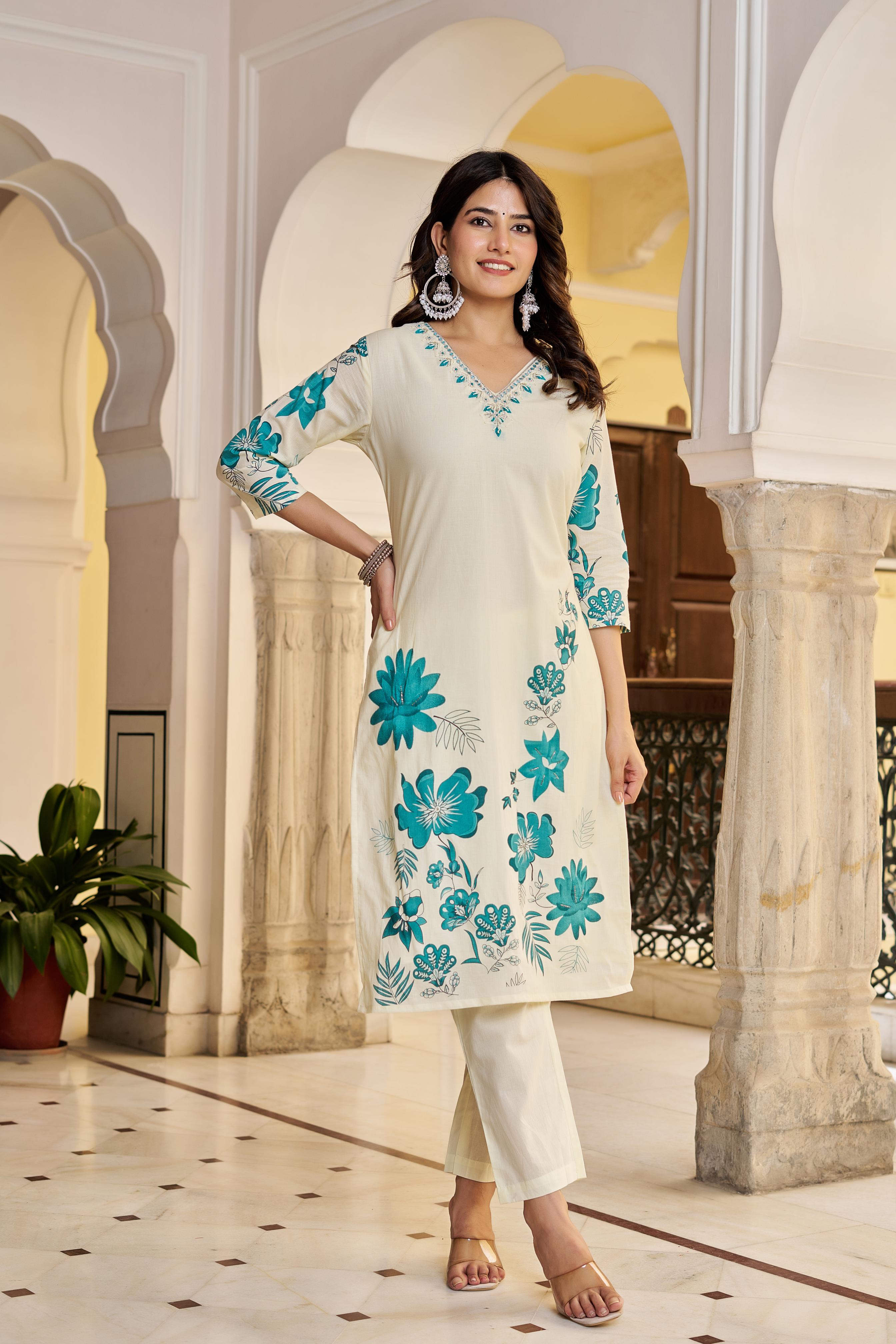 Cream & Teal Floral Printed Cotton Suit Set | Elegant Kurta with Dupatta