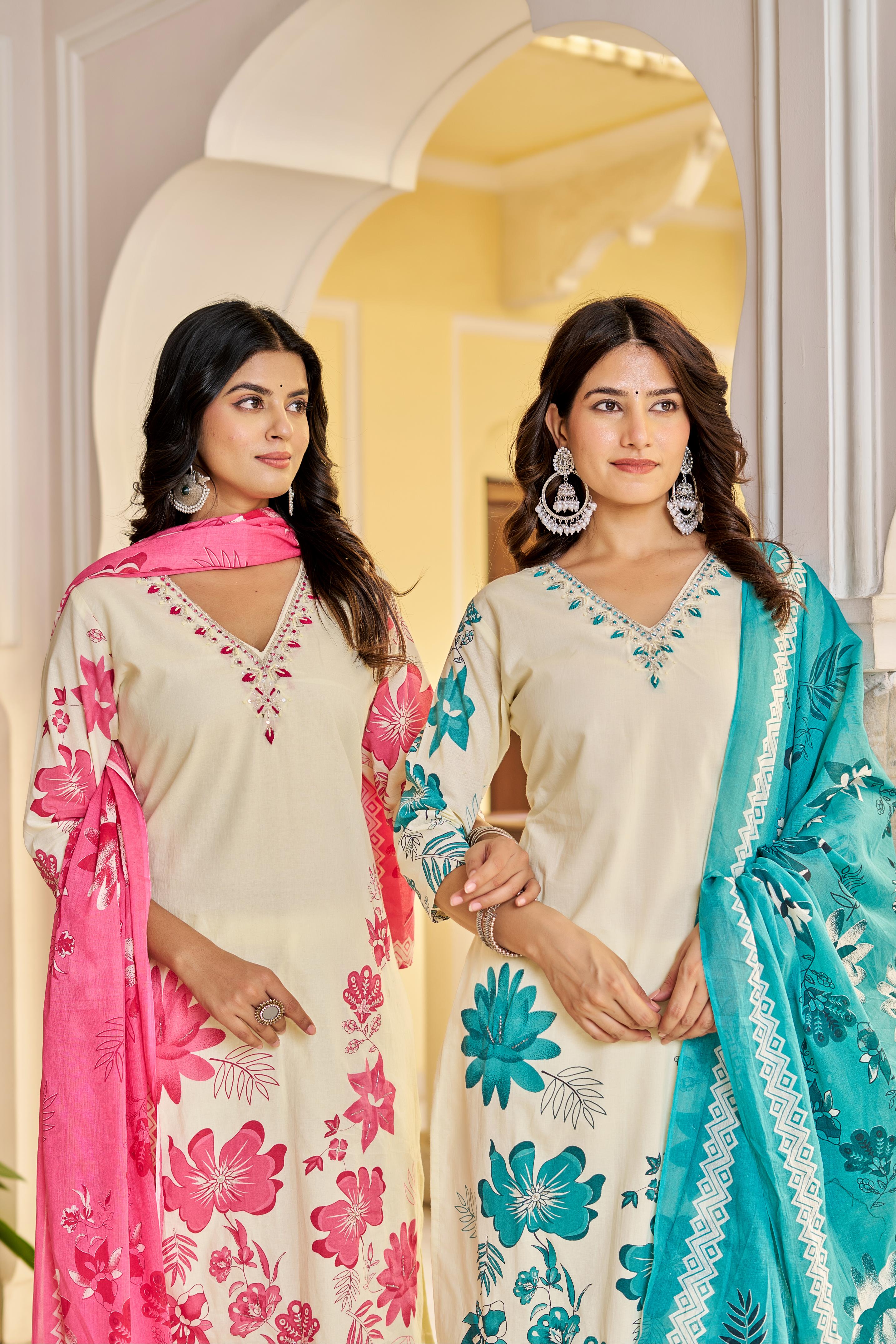 Cream & Teal Floral Printed Cotton Suit Set | Elegant Kurta with Dupatta