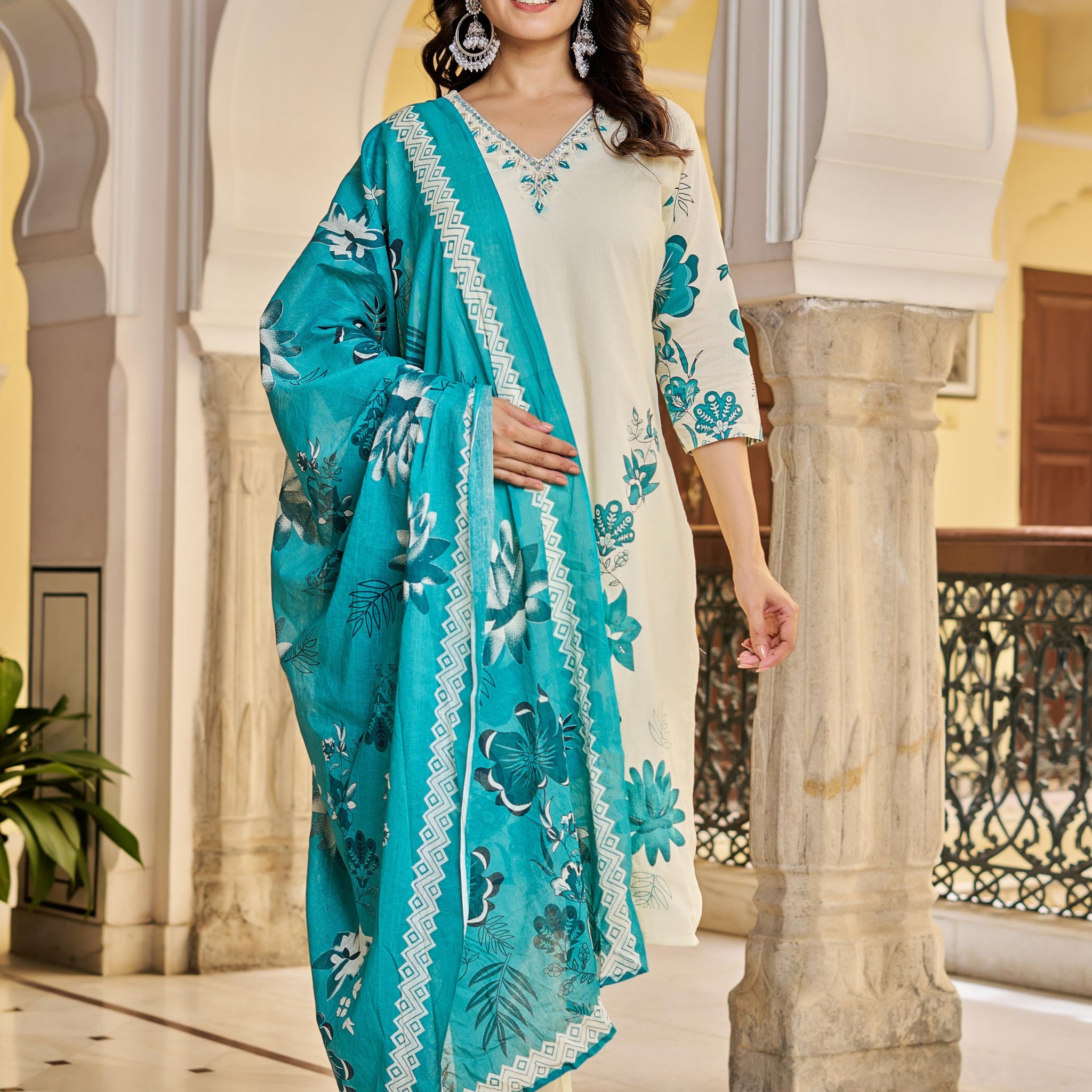 Cream & Teal Floral Printed Cotton Suit Set | Elegant Kurta with Dupatta