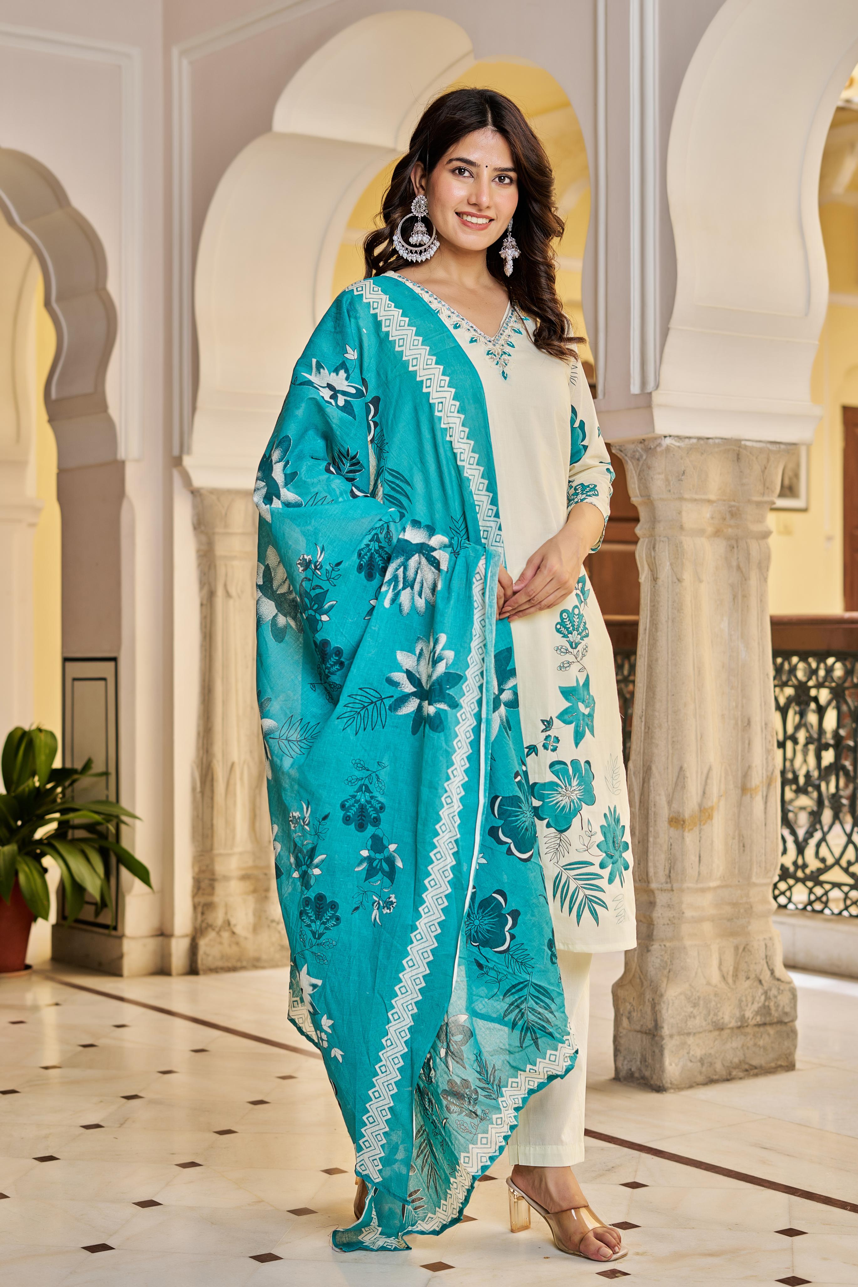 Cream & Teal Floral Printed Cotton Suit Set | Elegant Kurta with Dupatta