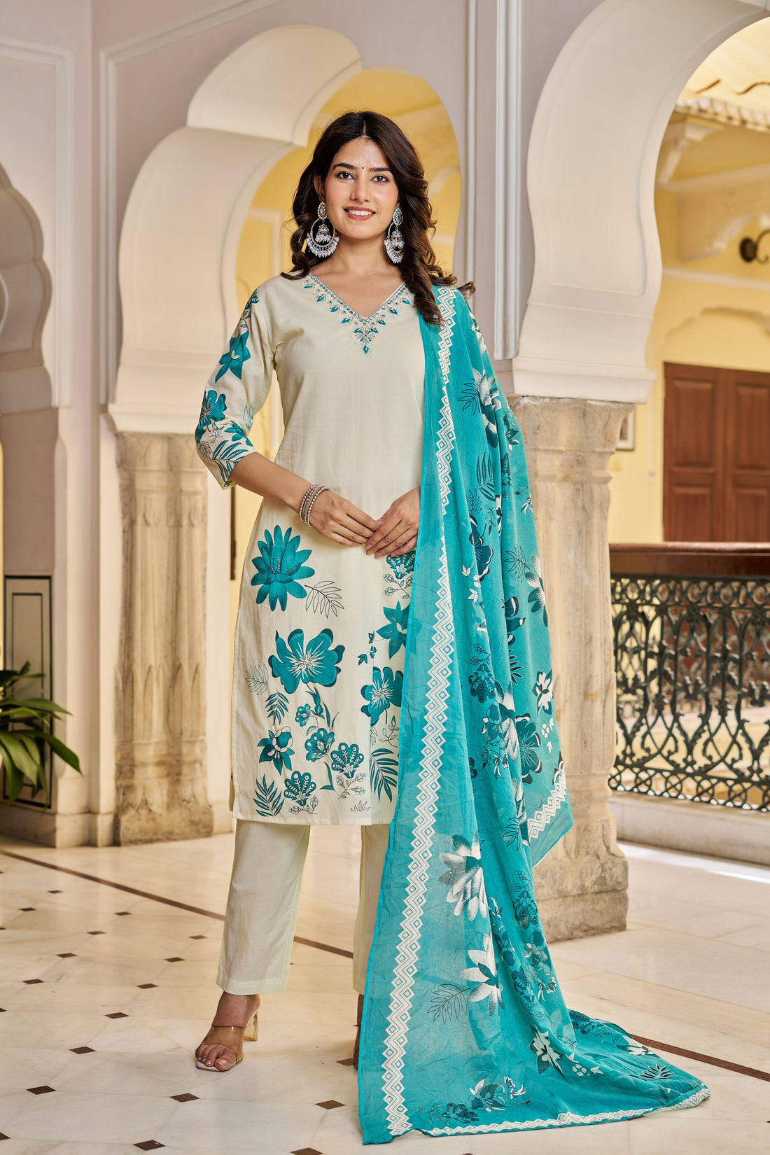 Cream & Teal Floral Printed Cotton Suit Set | Elegant Kurta with Dupatta
