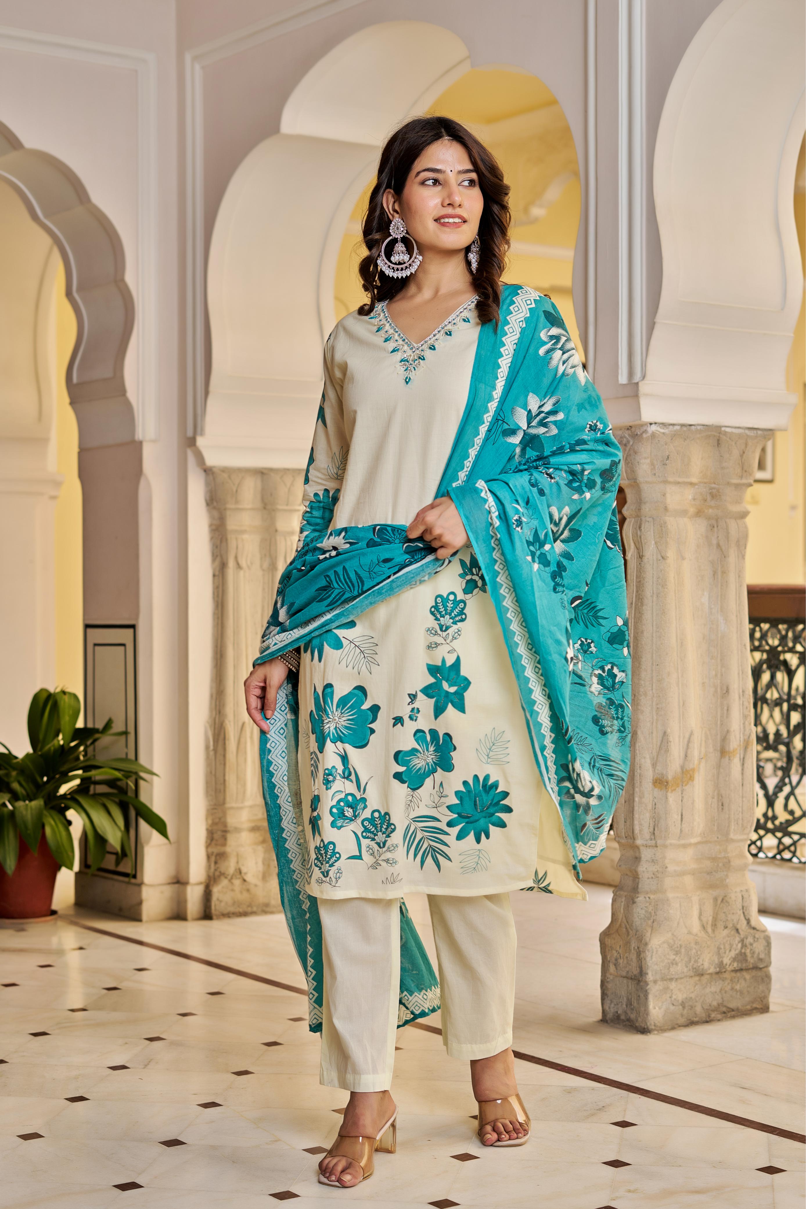 Cream & Teal Floral Printed Cotton Suit Set | Elegant Kurta with Dupatta