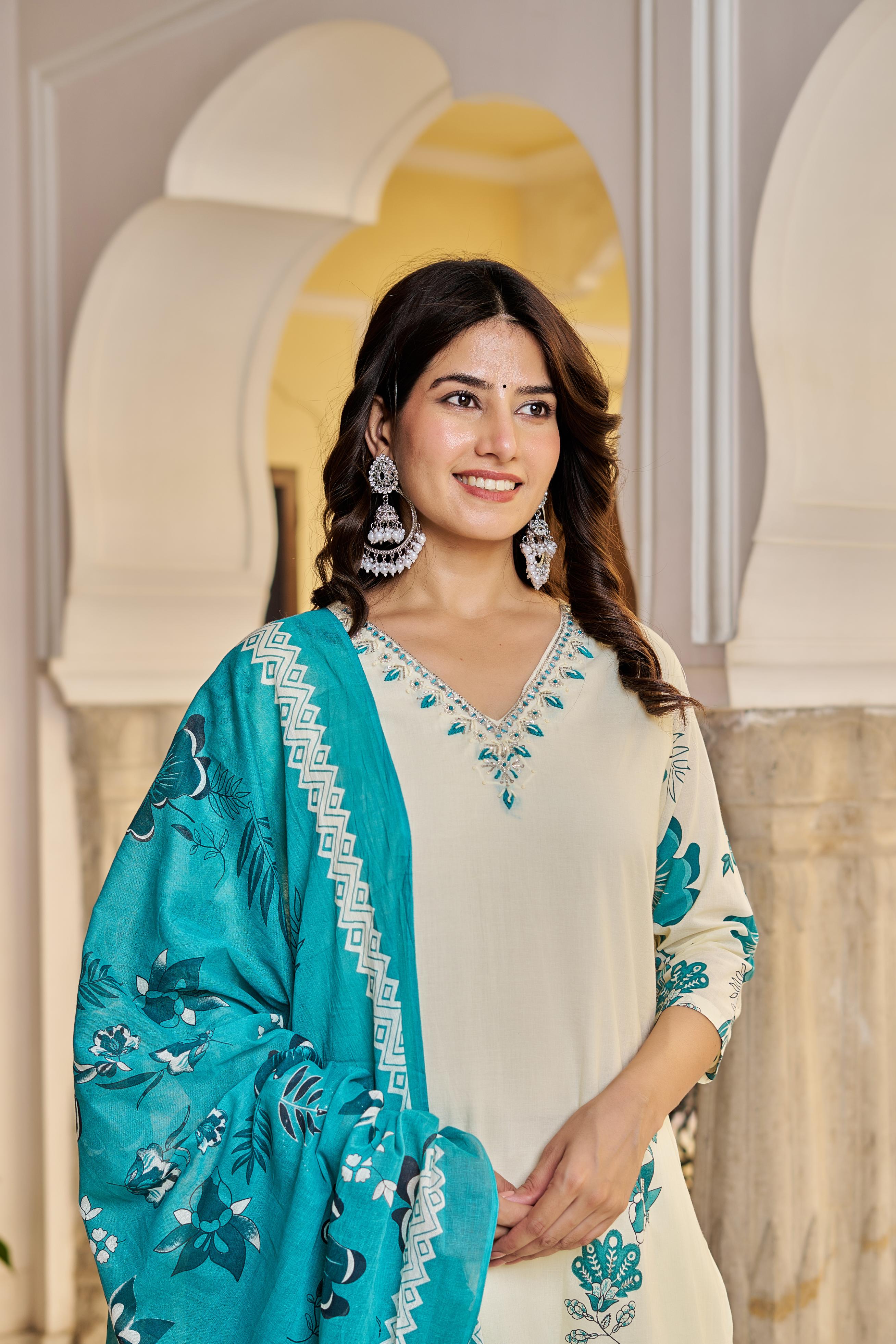Cream & Teal Floral Printed Cotton Suit Set | Elegant Kurta with Dupatta