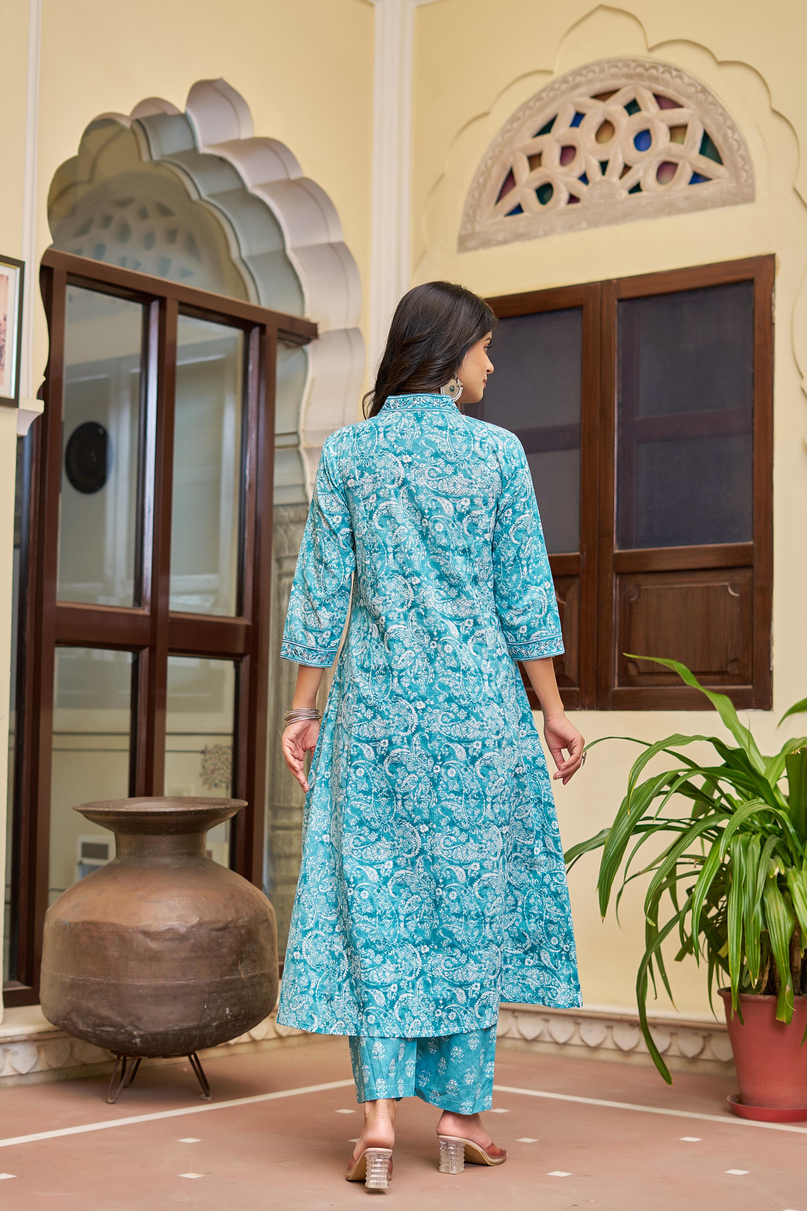 Noorita Women's Cotton Kurta Set with Dupatta | Teal Blue | Embroidered Neckline & Printed Design