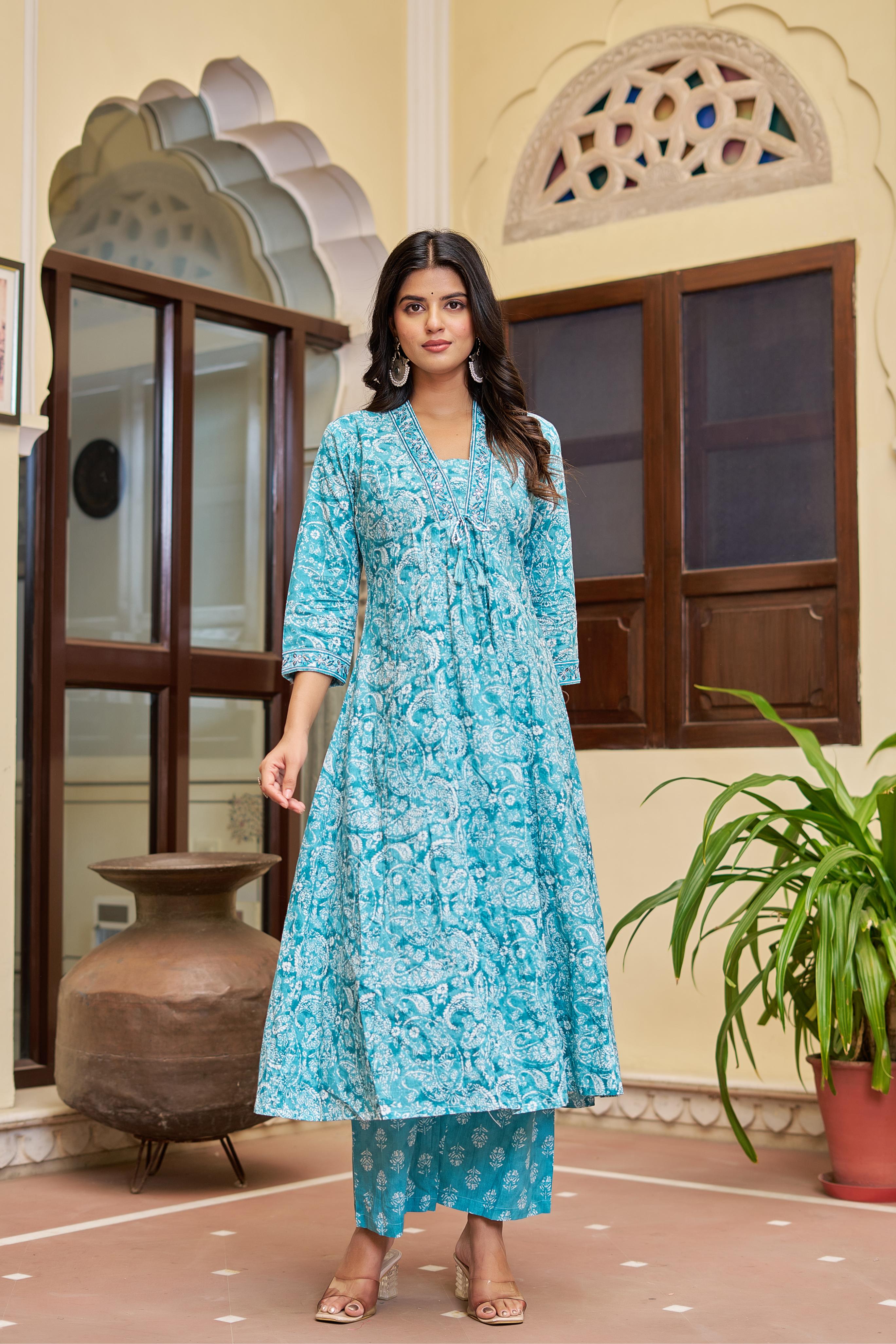 Noorita Women's Cotton Kurta Set with Dupatta | Teal Blue | Embroidered Neckline & Printed Design