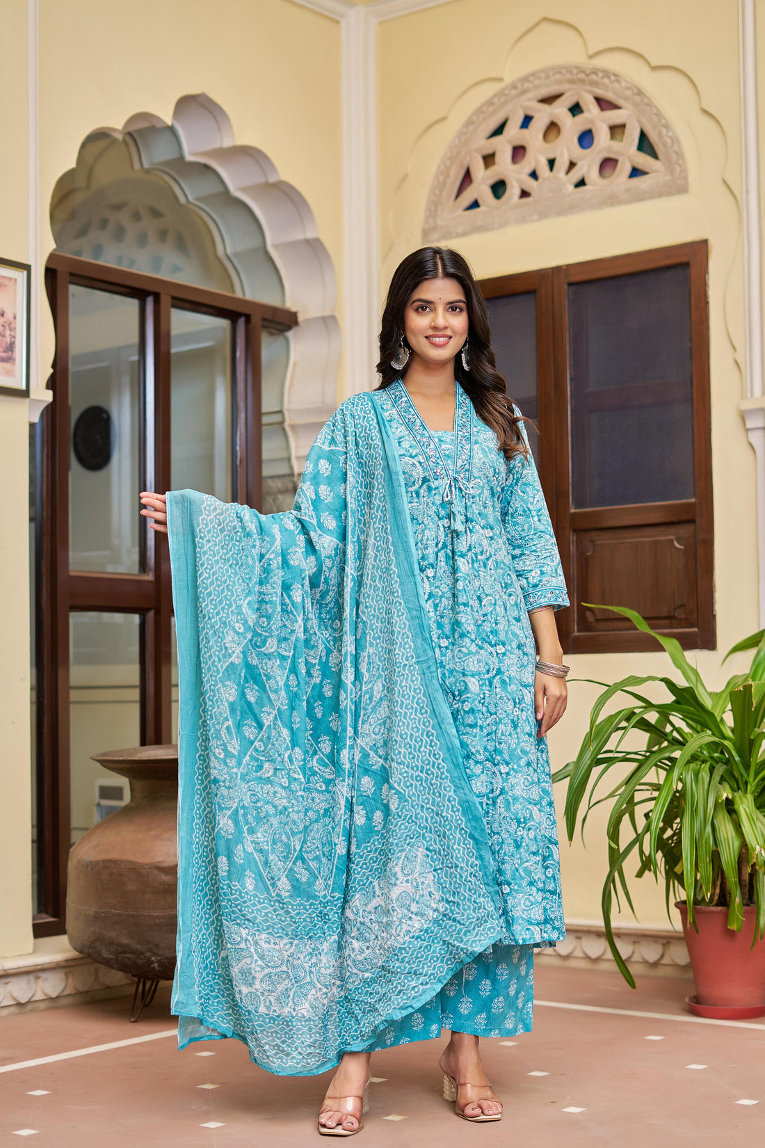 Noorita Women's Cotton Kurta Set with Dupatta | Teal Blue | Embroidered Neckline & Printed Design
