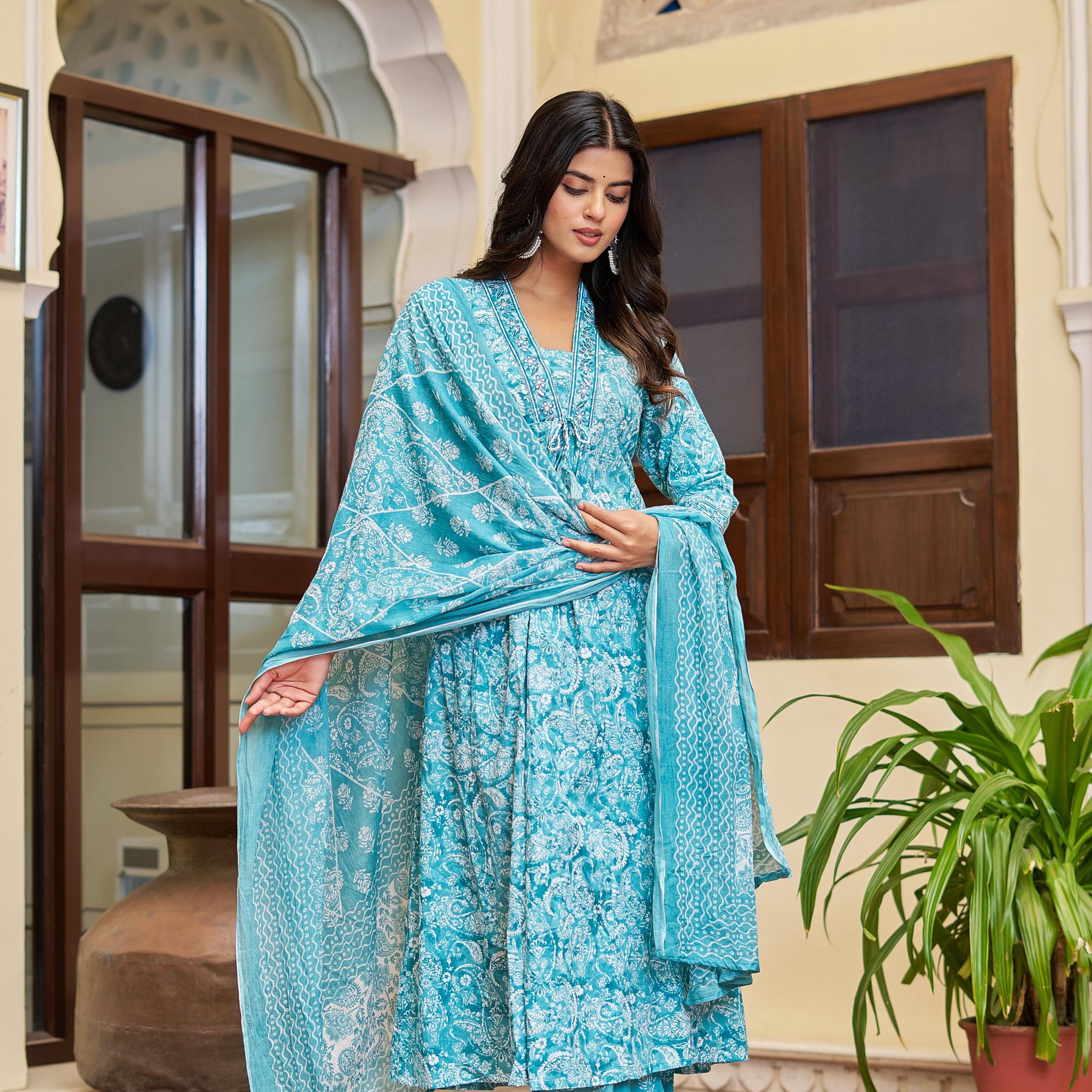 Noorita Women's Cotton Kurta Set with Dupatta | Teal Blue | Embroidered Neckline & Printed Design