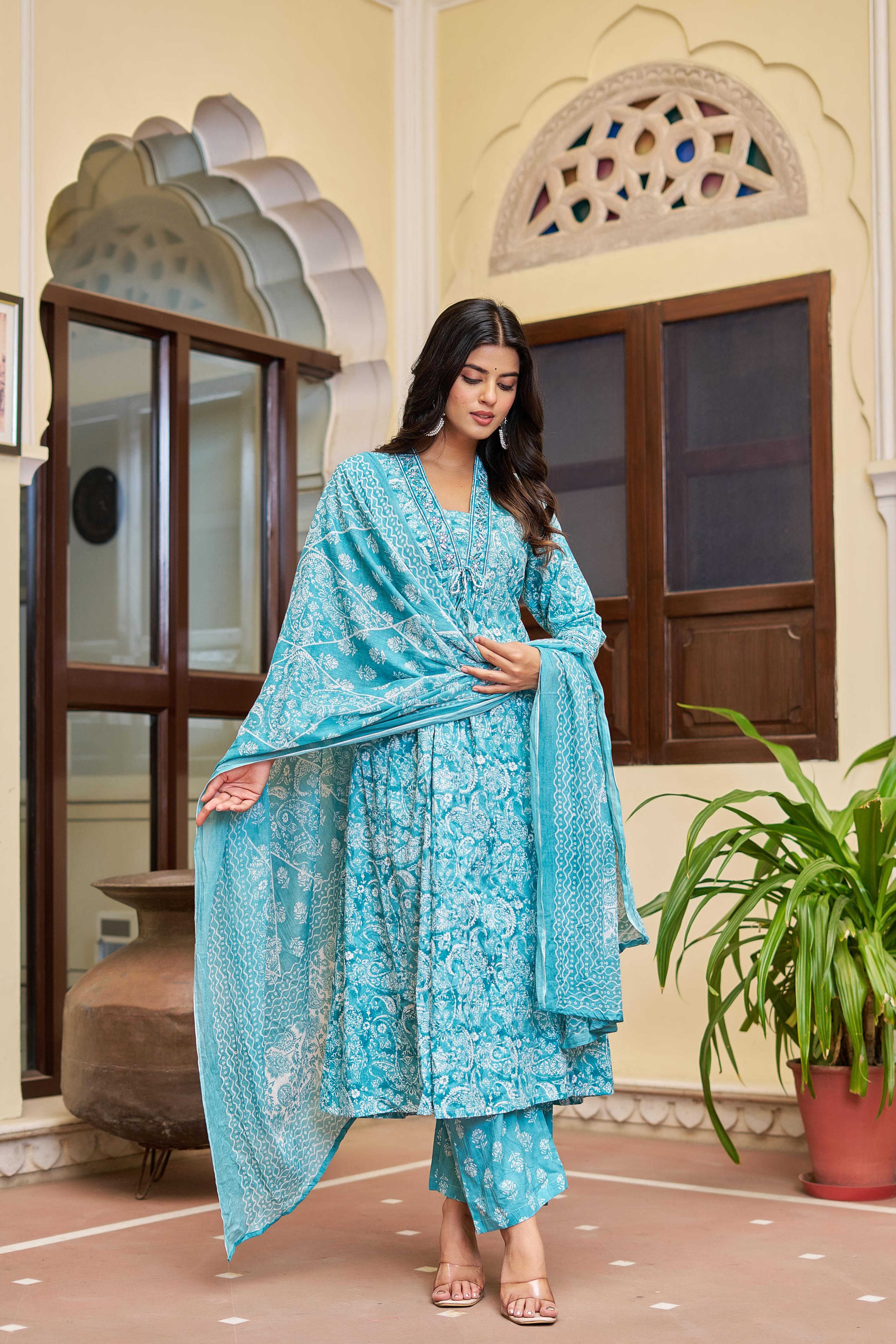 Noorita Women's Cotton Kurta Set with Dupatta | Teal Blue | Embroidered Neckline & Printed Design