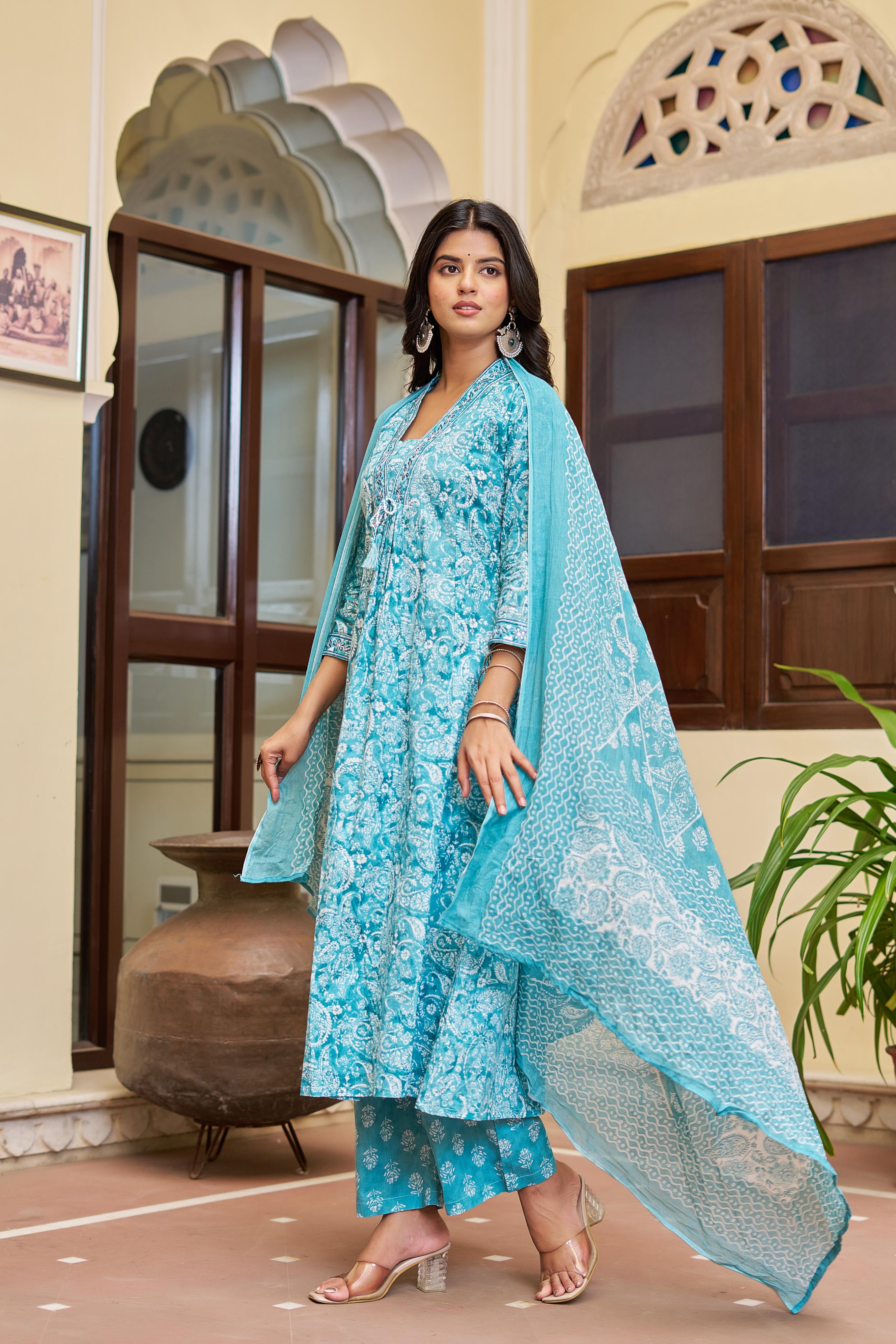 Noorita Women's Cotton Kurta Set with Dupatta | Teal Blue | Embroidered Neckline & Printed Design