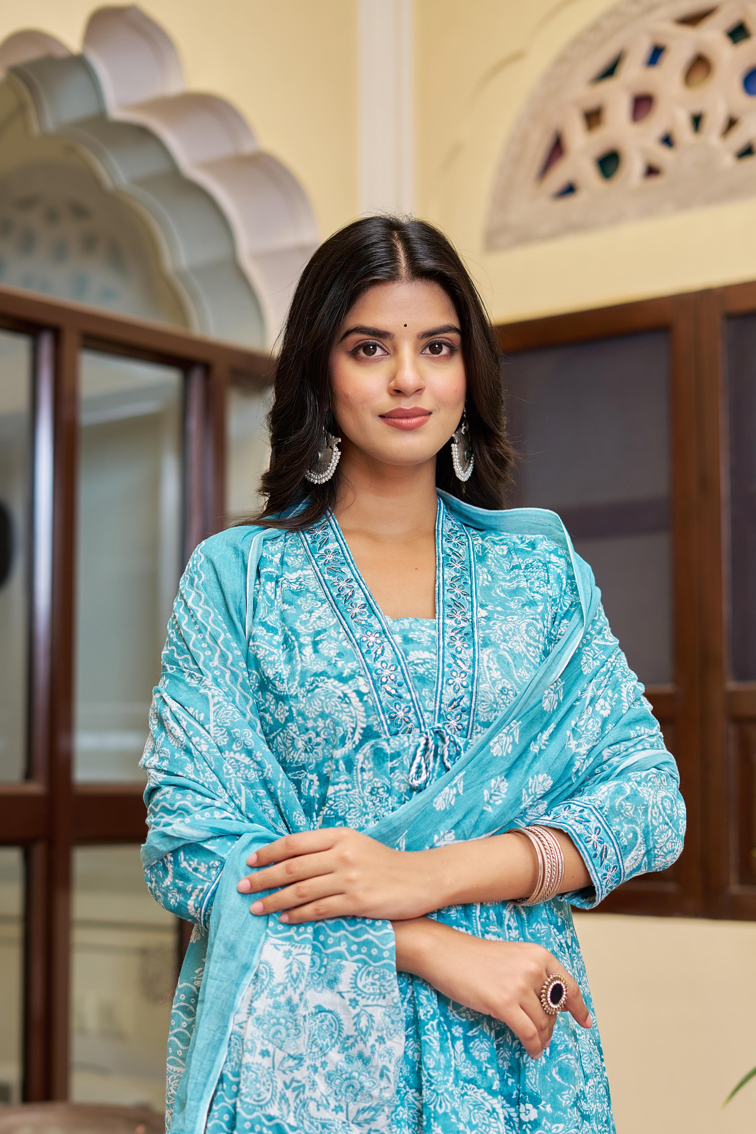 Noorita Women's Cotton Kurta Set with Dupatta | Teal Blue | Embroidered Neckline & Printed Design
