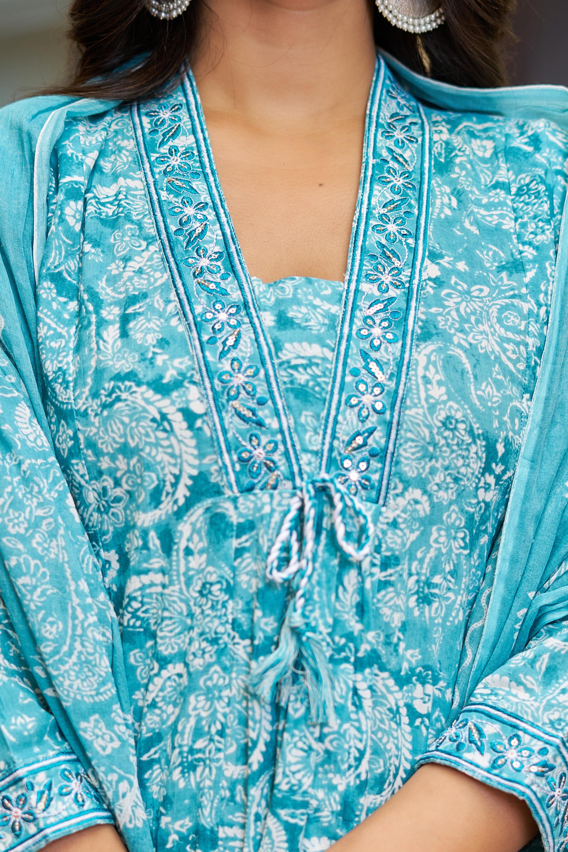 Noorita Women's Cotton Kurta Set with Dupatta | Teal Blue | Embroidered Neckline & Printed Design