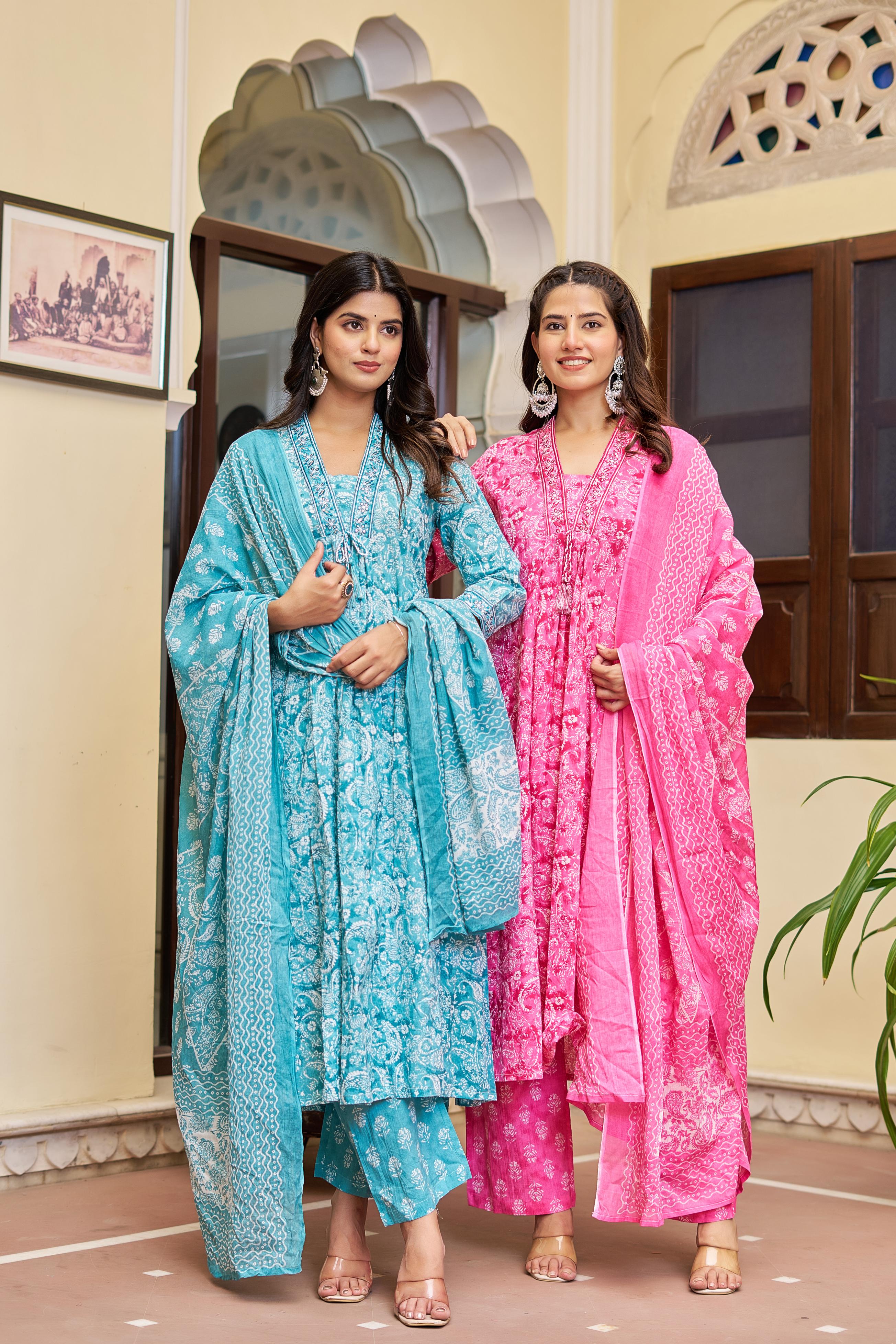 Noorita Women's Cotton Kurta Set with Dupatta | Teal Blue | Embroidered Neckline & Printed Design
